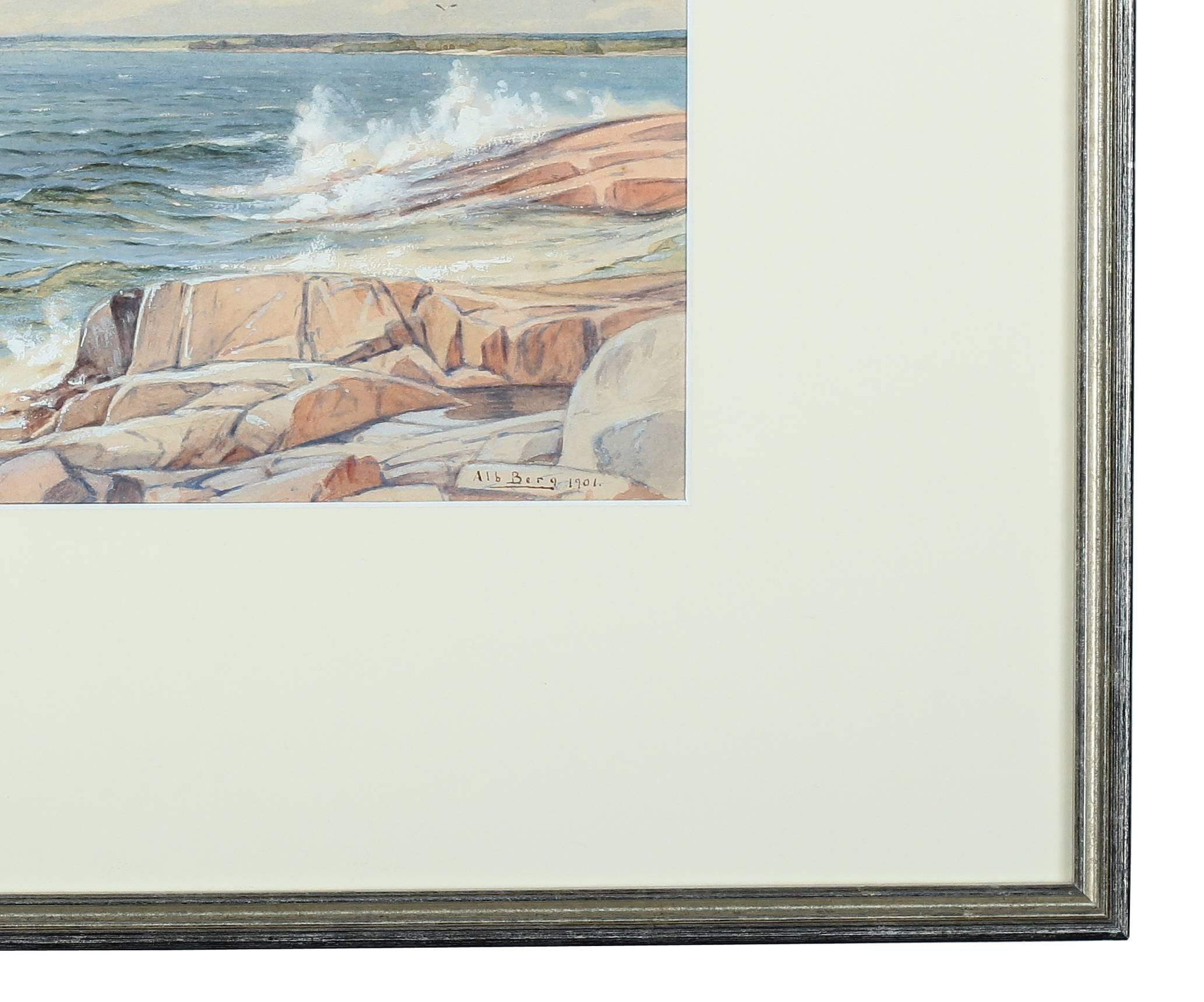 A watercolor with gouache painting of a 'Rocky Coast' by artist Albert Berg. A Swedish piece dating to 1901. The sight size measures 8.75 inches high by 14.75 inches wide and the frame size measures 18.25 inches high by 24.5 inches wide.