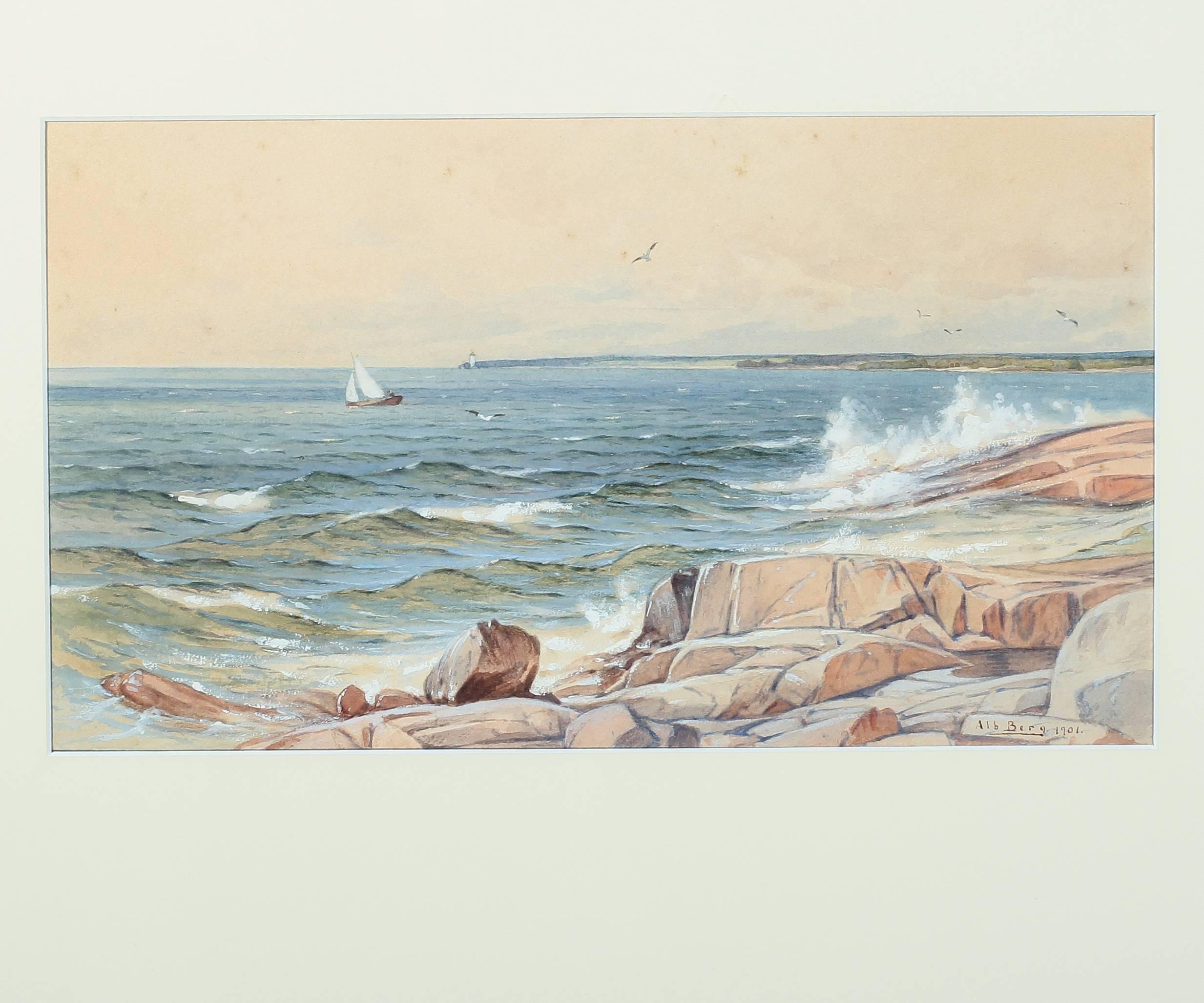 Swedish Antique 'Rocky Coast' Watercolor with Gouache Painting by Albert Berg, 1901  For Sale
