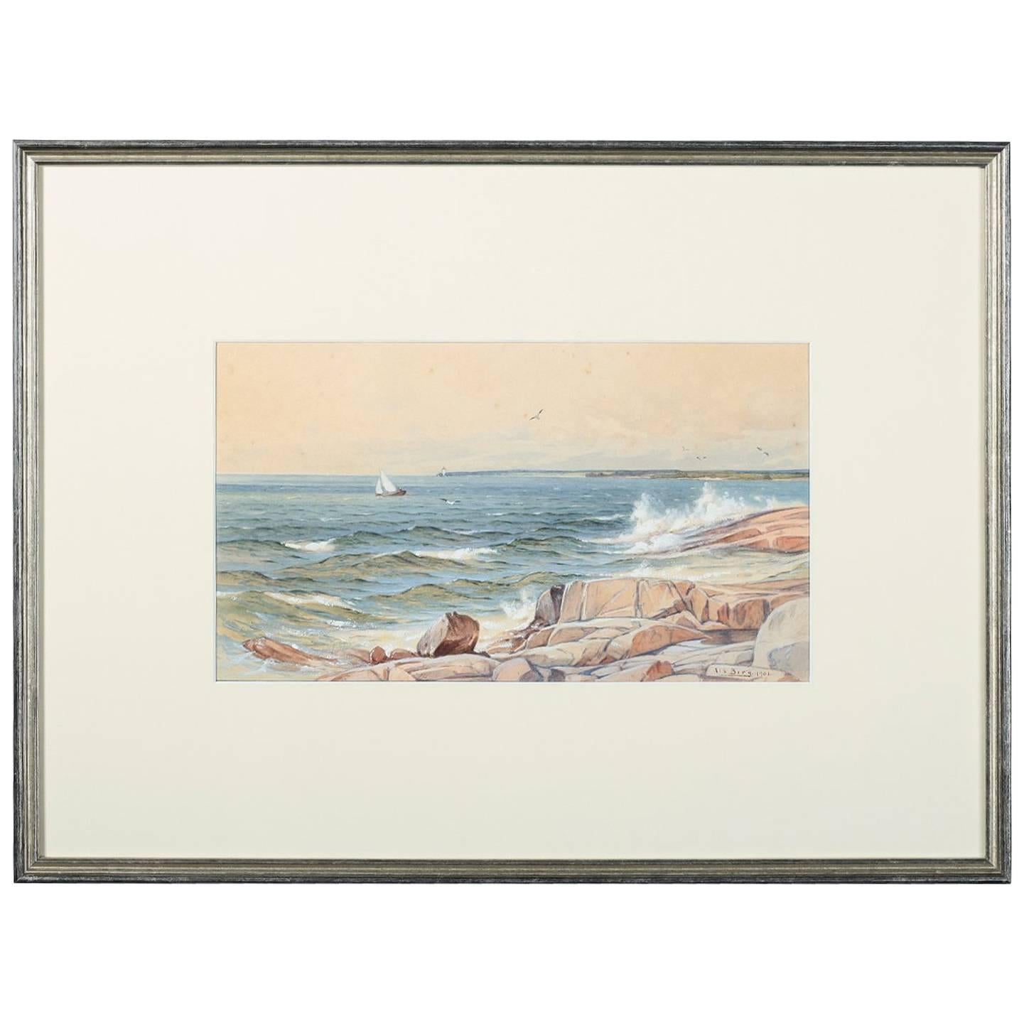 Antique 'Rocky Coast' Watercolor with Gouache Painting by Albert Berg, 1901  For Sale