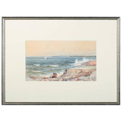 Antique 'Rocky Coast' Watercolor with Gouache Painting by Albert Berg, 1901 