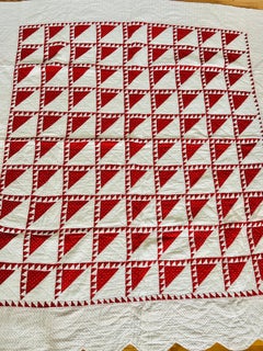 Antique Rocky Glen Quilt, 1890s  Exceptional Red & White Miniature Triangles