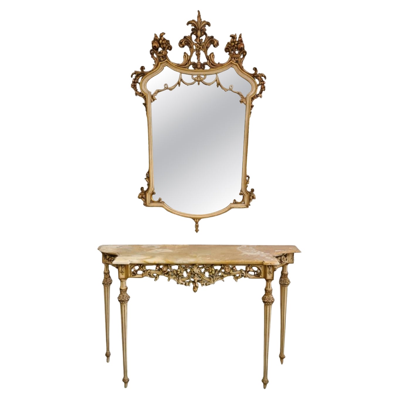 Antique Rococco Revival Mirror et une console en bois et marbre, Italie 1890s en vente
