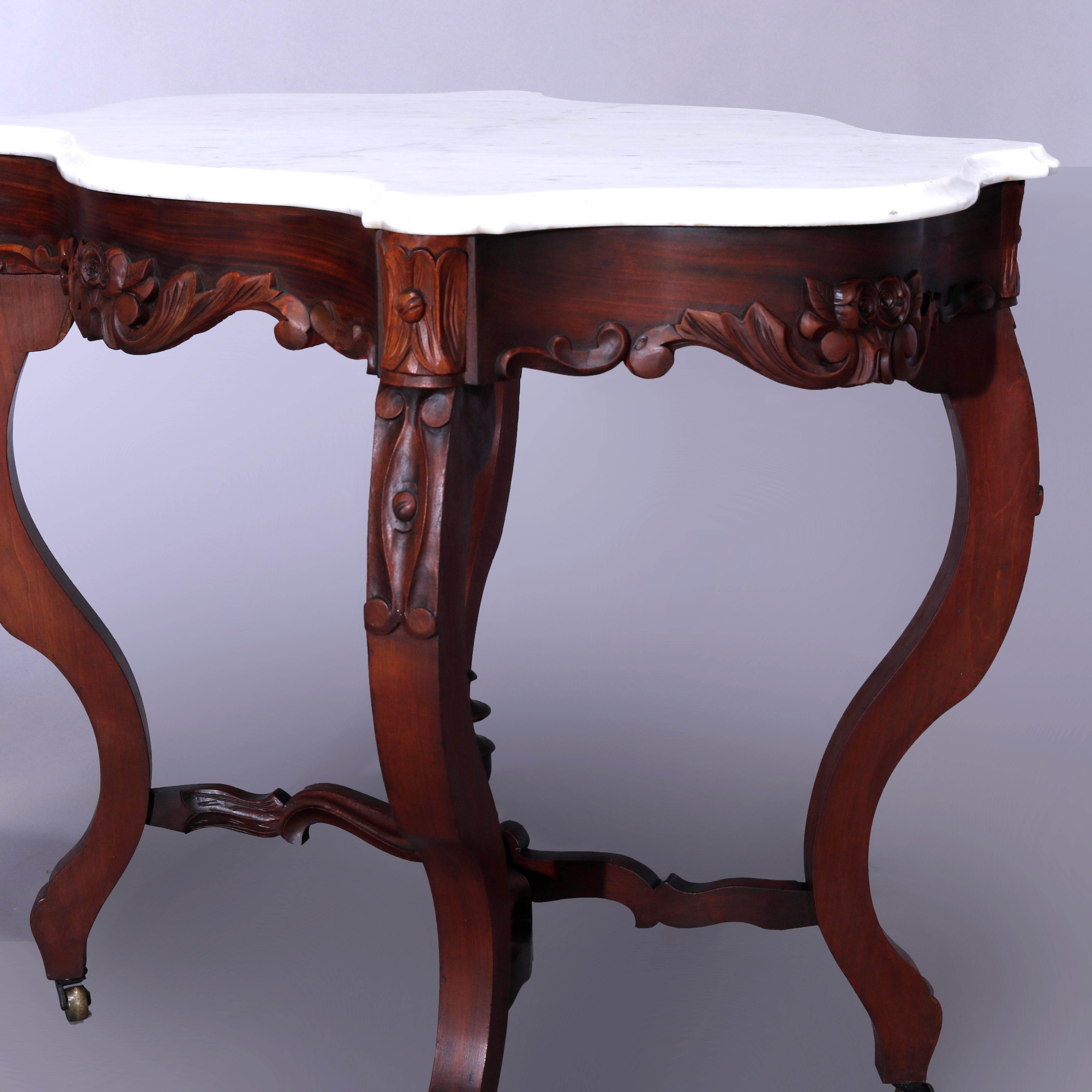 Antiker Rokoko-Parlor-Tisch aus geschnitztem Nussbaum und Marmor mit Schildkrötenplatte, um 1880 im Angebot 6