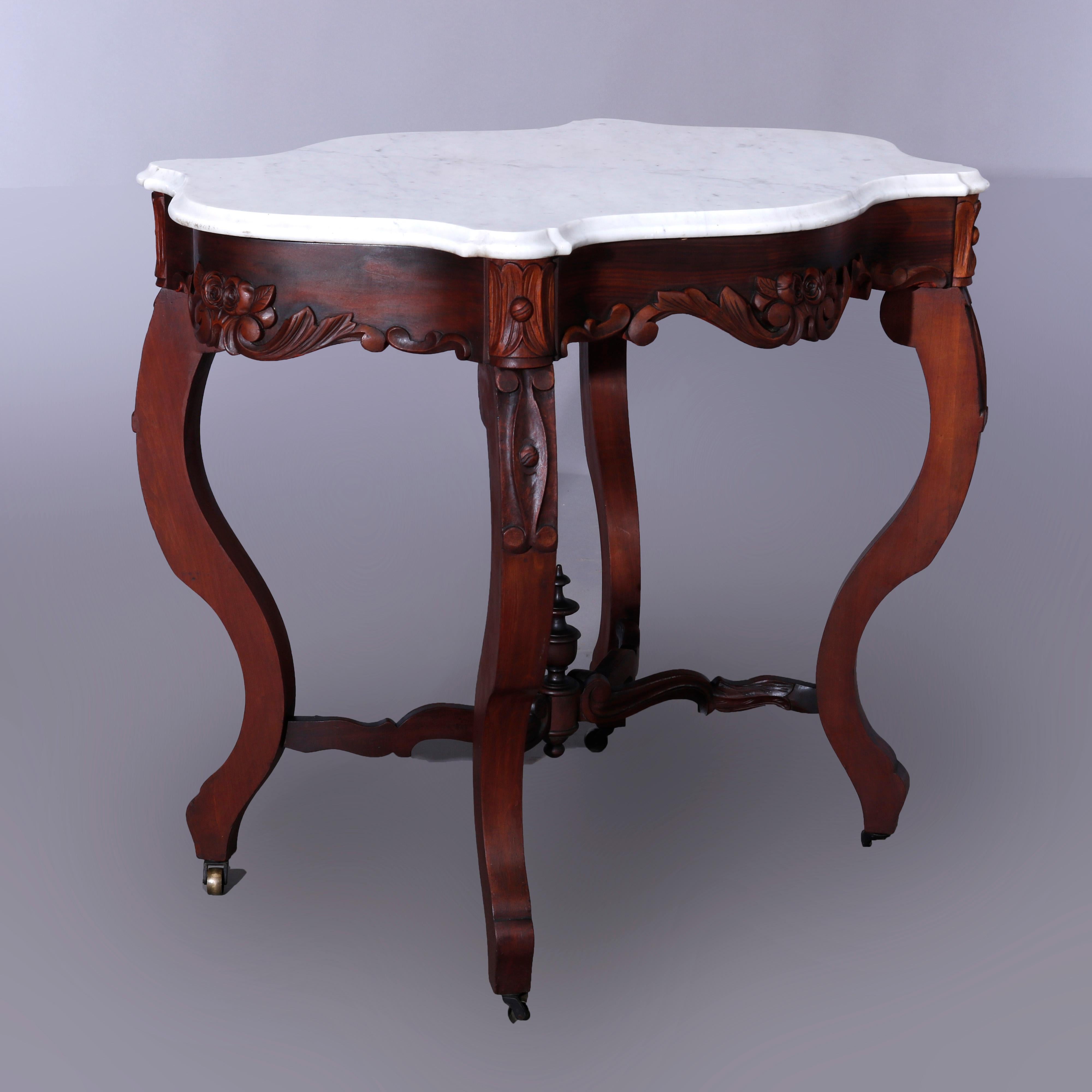 Antiker Rokoko-Parlor-Tisch aus geschnitztem Nussbaum und Marmor mit Schildkrötenplatte, um 1880 (Europäisch) im Angebot
