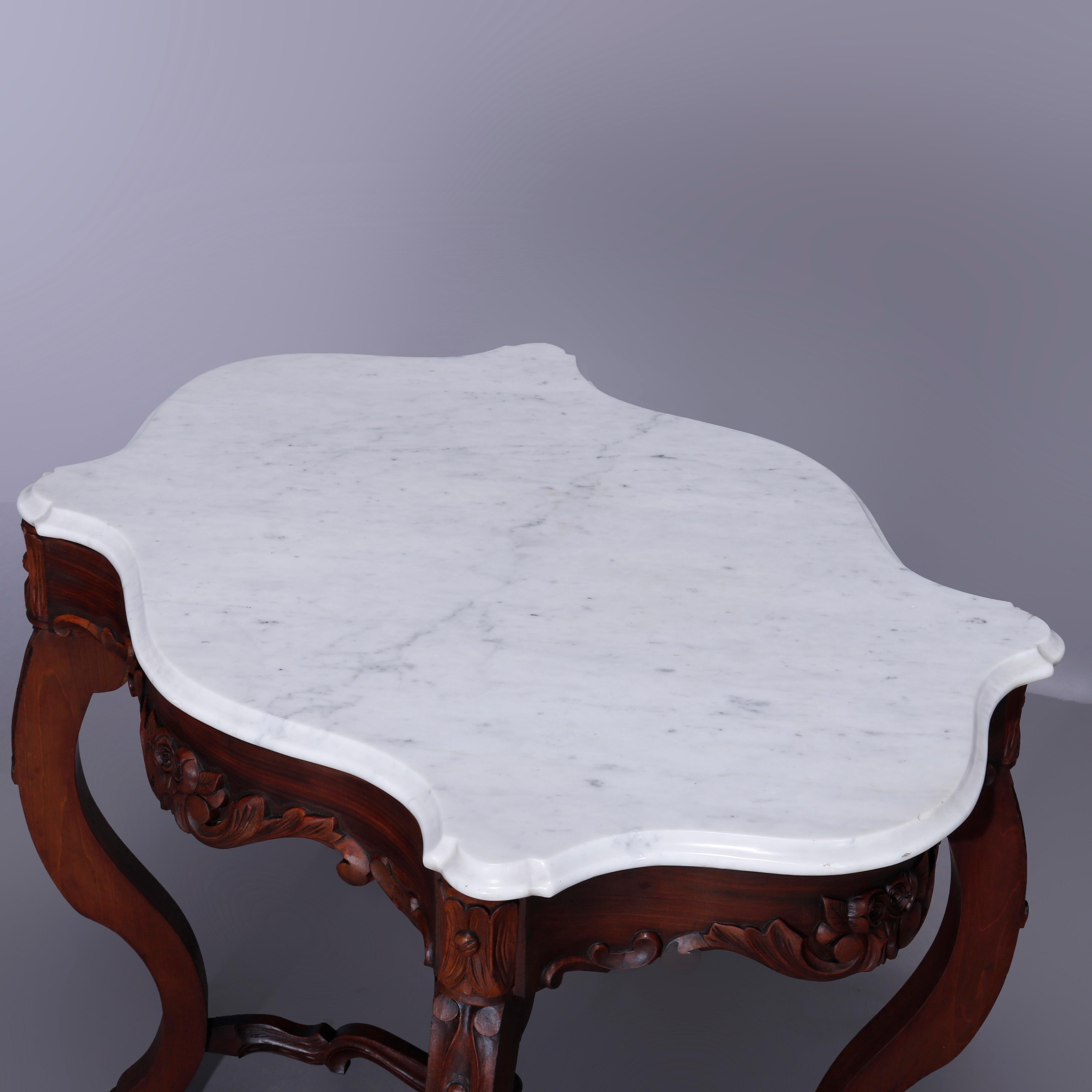 European Antique Rococo Carved Walnut & Marble Turtle Top Parlor Table Circa 1880 For Sale