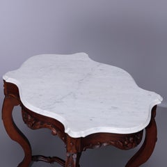 Antique Rococo Carved Walnut & Marble Turtle Top Parlor Table Circa 1880