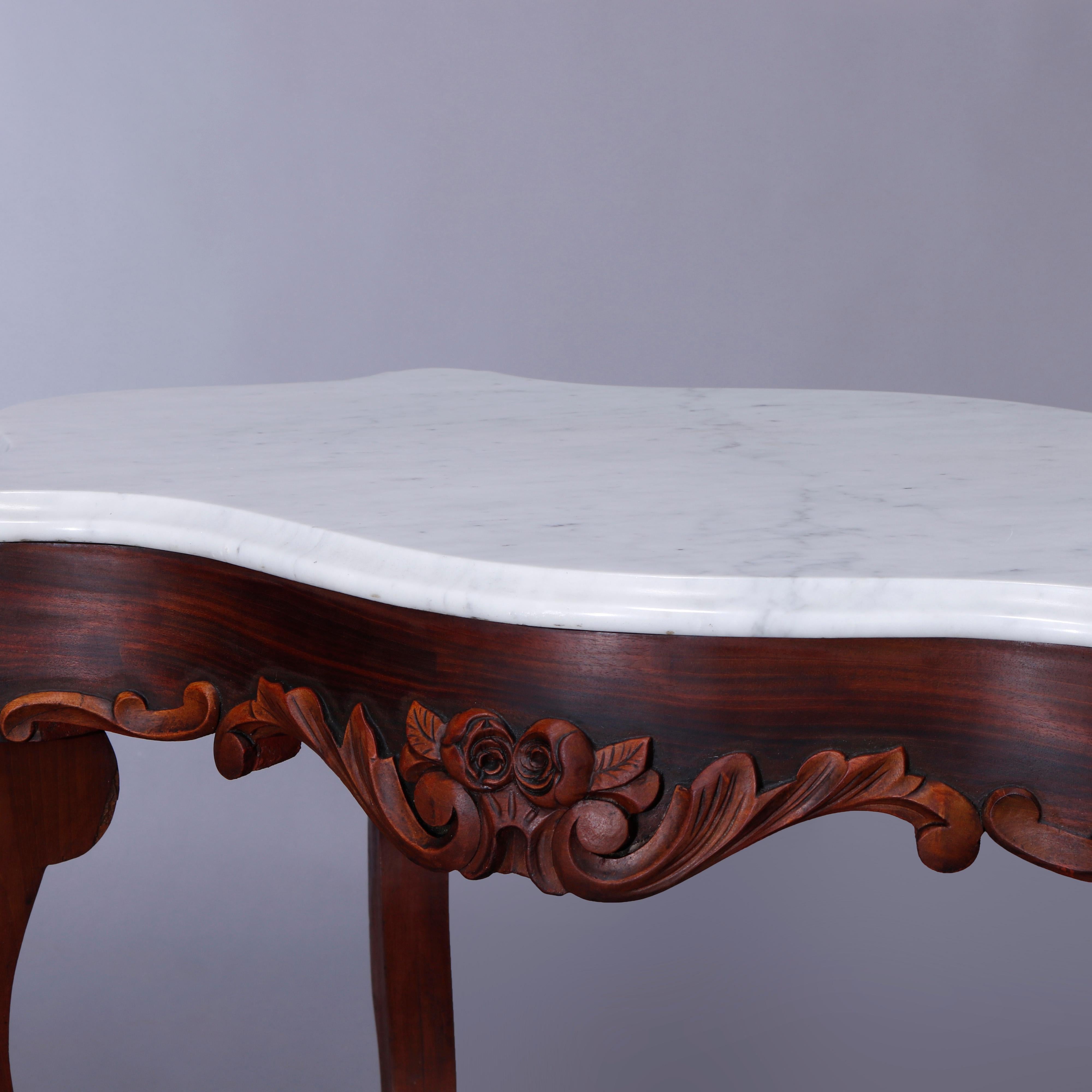 19th Century Antique Rococo Carved Walnut & Marble Turtle Top Parlor Table Circa 1880 For Sale