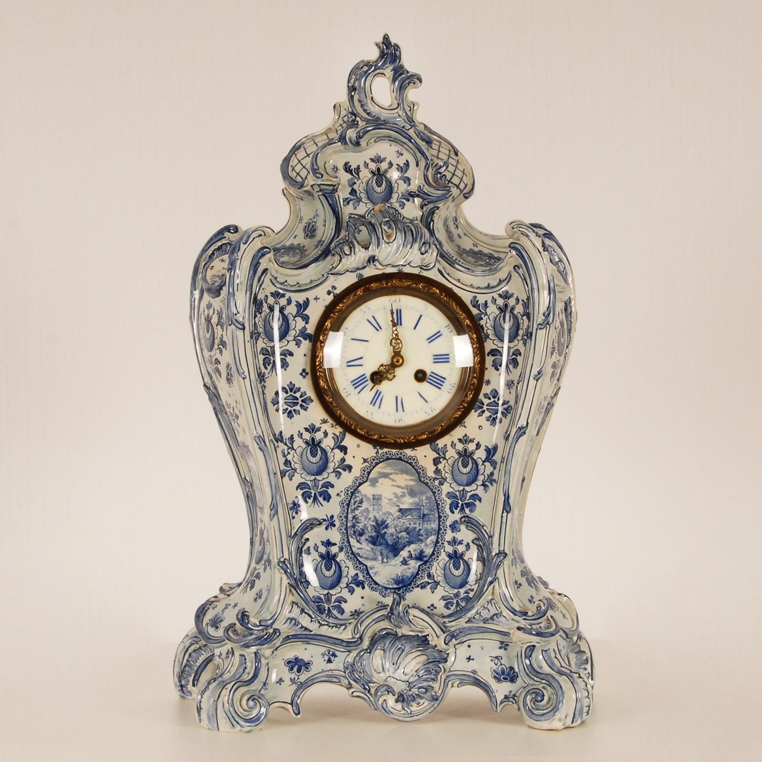 Antique Rococo Delft Vases Pendulum Clock Garniture Tall Delftware 3 Pieces 5