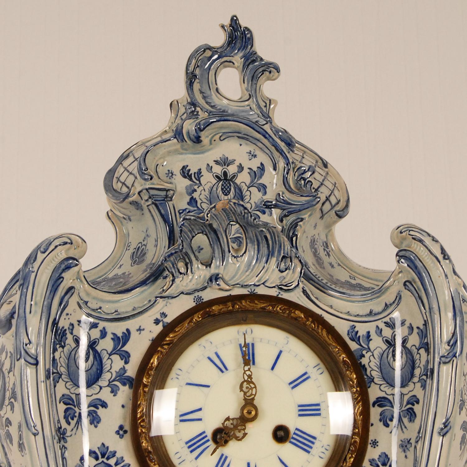 German Antique Rococo Delft Vases Pendulum Clock Garniture Tall Delftware 3 Pieces