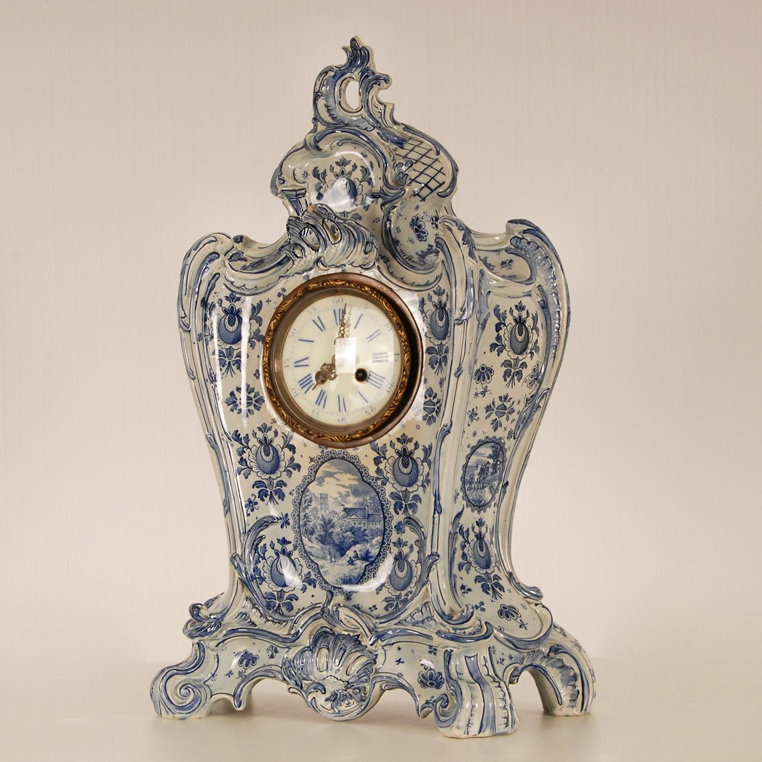 Earthenware Antique Rococo Delft Vases Pendulum Clock Garniture Tall Delftware 3 Pieces