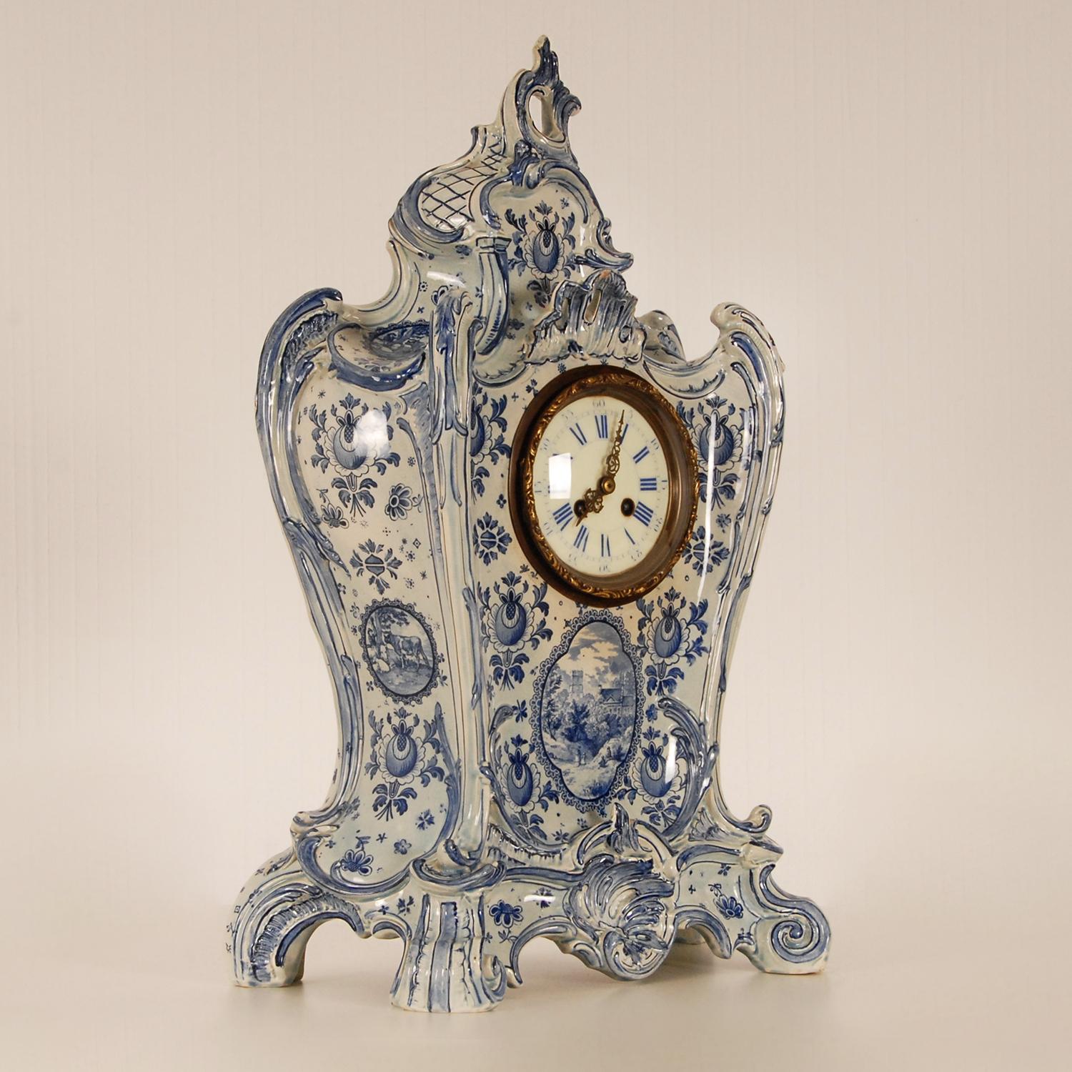 Antique Rococo Delft Vases Pendulum Clock Garniture Tall Delftware 3 Pieces 1