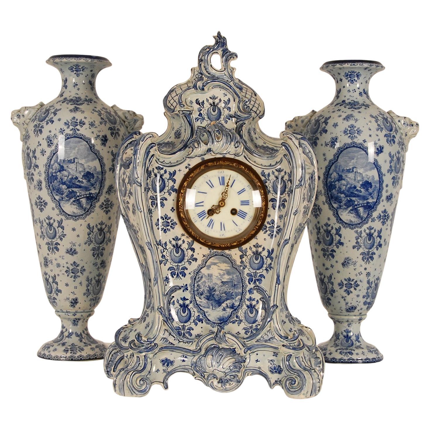 Antique Rococo Delft Vases Pendulum Clock Garniture Tall Delftware 3 Pieces
