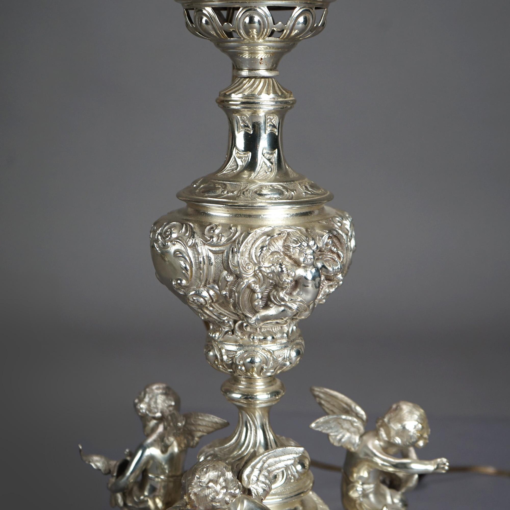 Antike Rokoko Figural Silber Platte Wohnzimmer Lampe mit geflügelten Putten c1890 im Angebot 3