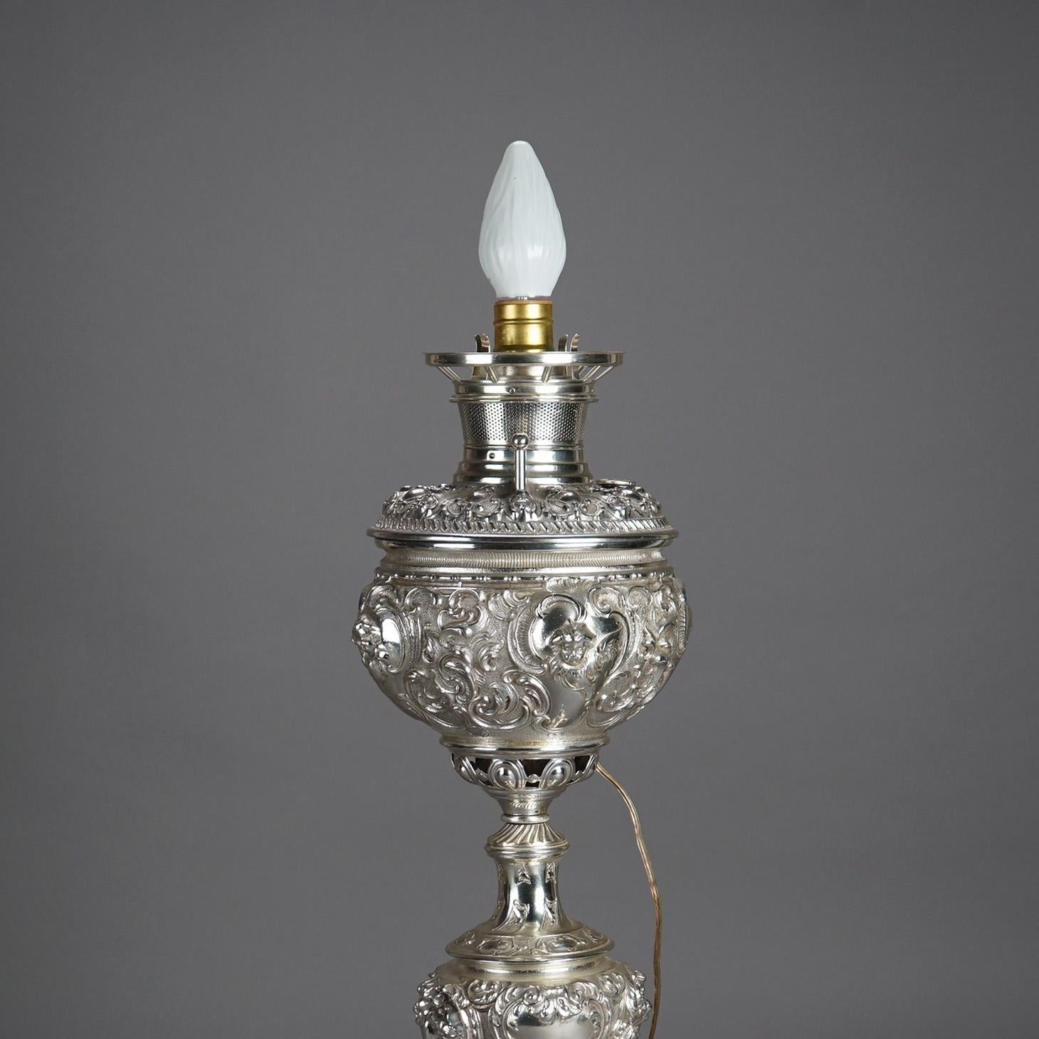 Antique Rococo Figural Silver Plate Parlor Lamp With Winged Cherubs c1890 For Sale 5