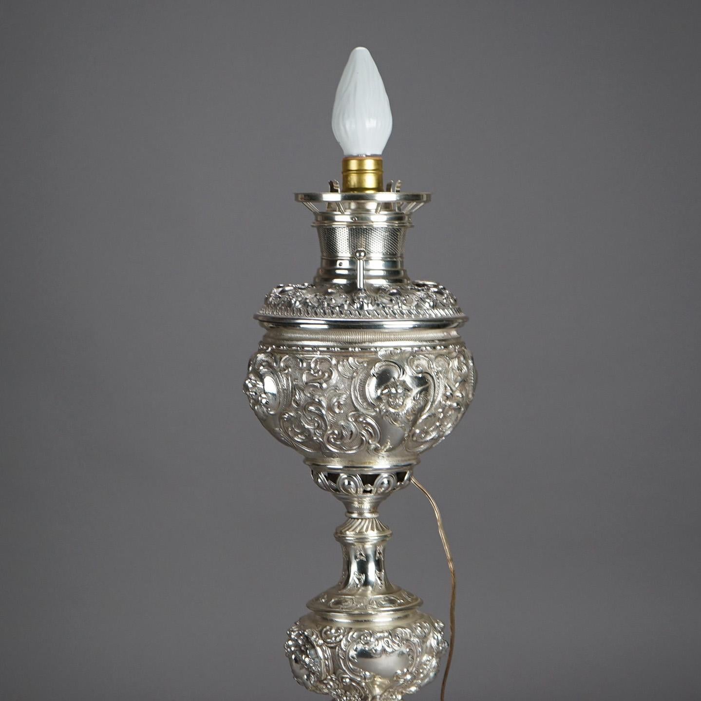 Antique Rococo Figural Silver Plate Parlor Lamp With Winged Cherubs c1890 For Sale 6