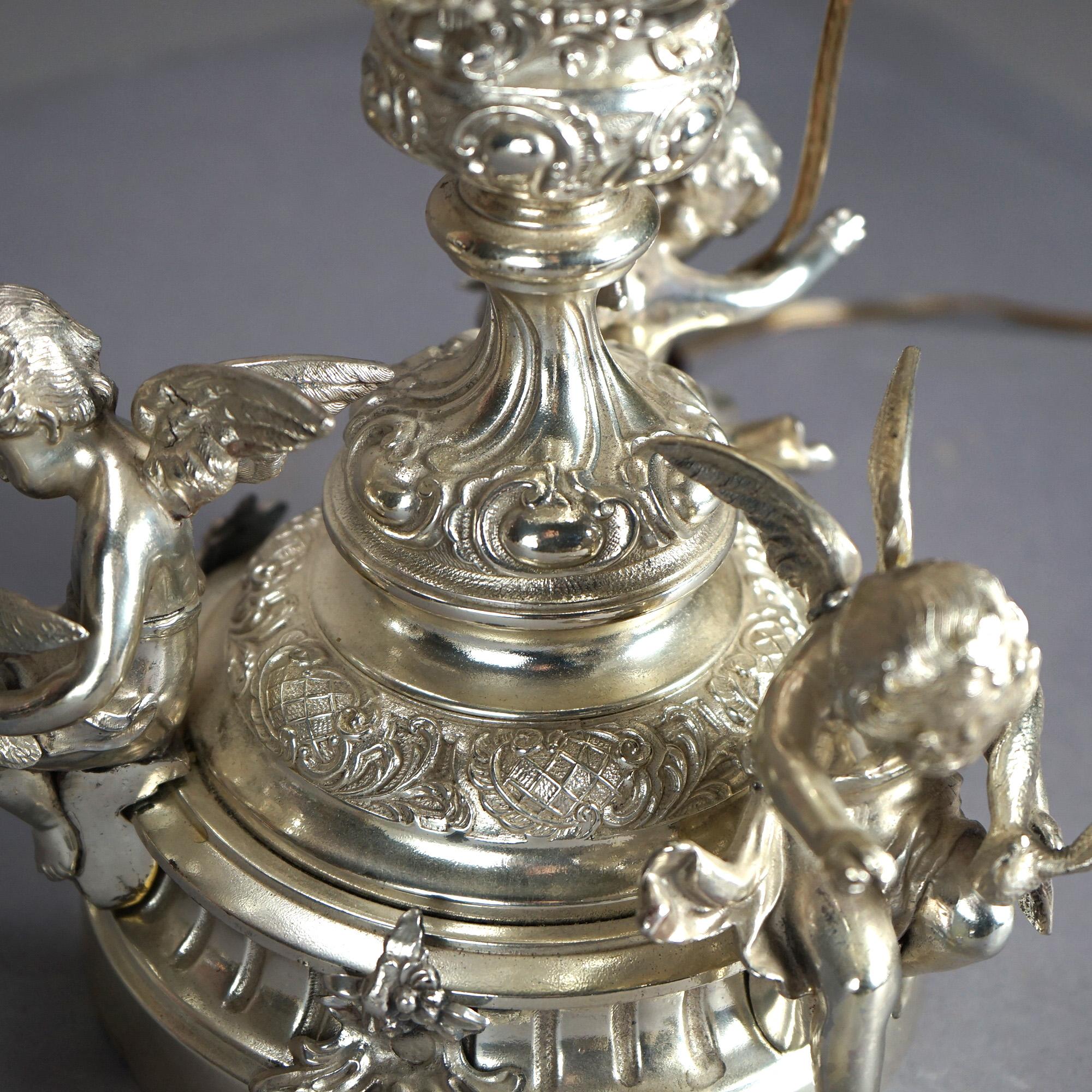 Antique Rococo Figural Silver Plate Parlor Lamp With Winged Cherubs c1890 For Sale 12