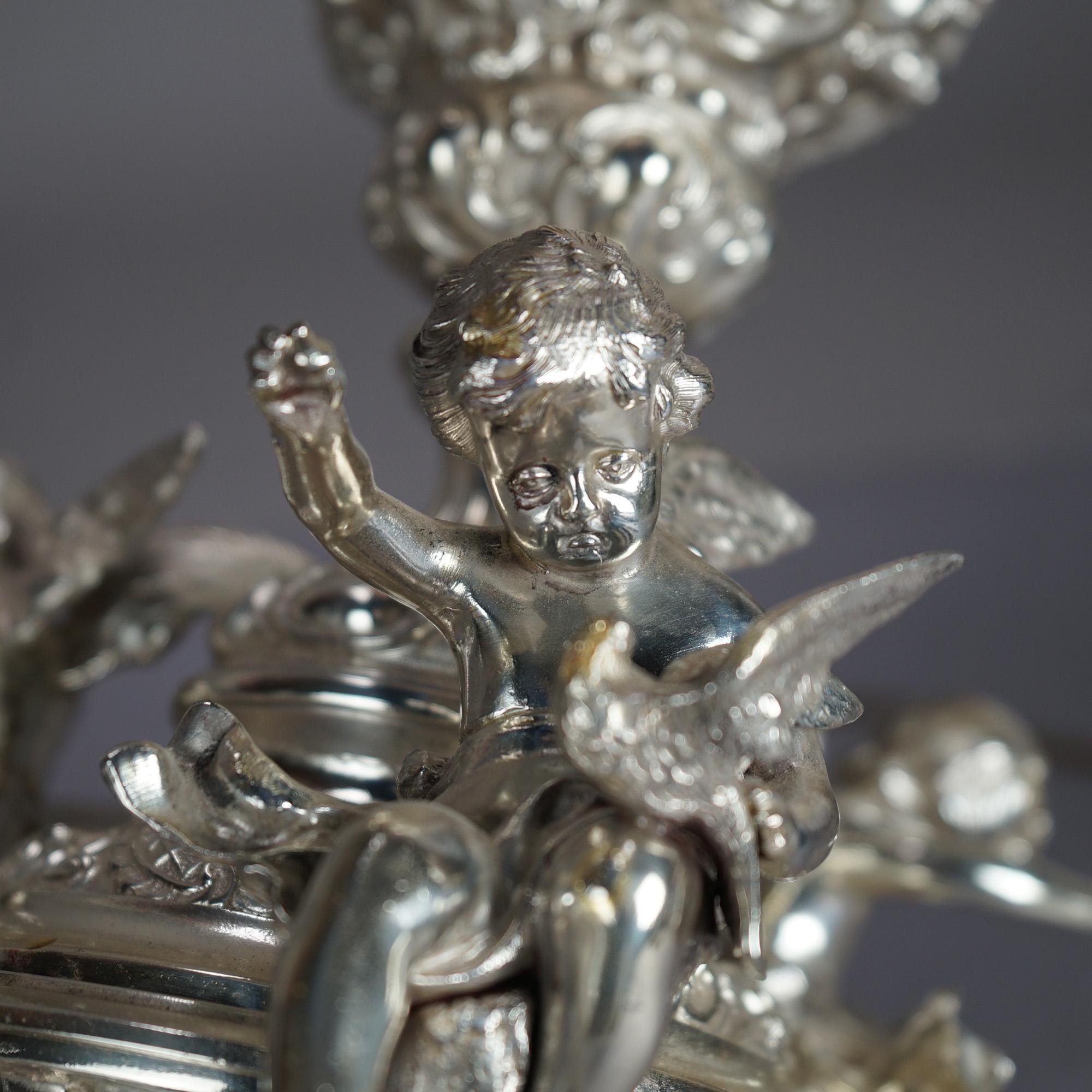 19th Century Antique Rococo Figural Silver Plate Parlor Lamp With Winged Cherubs c1890 For Sale