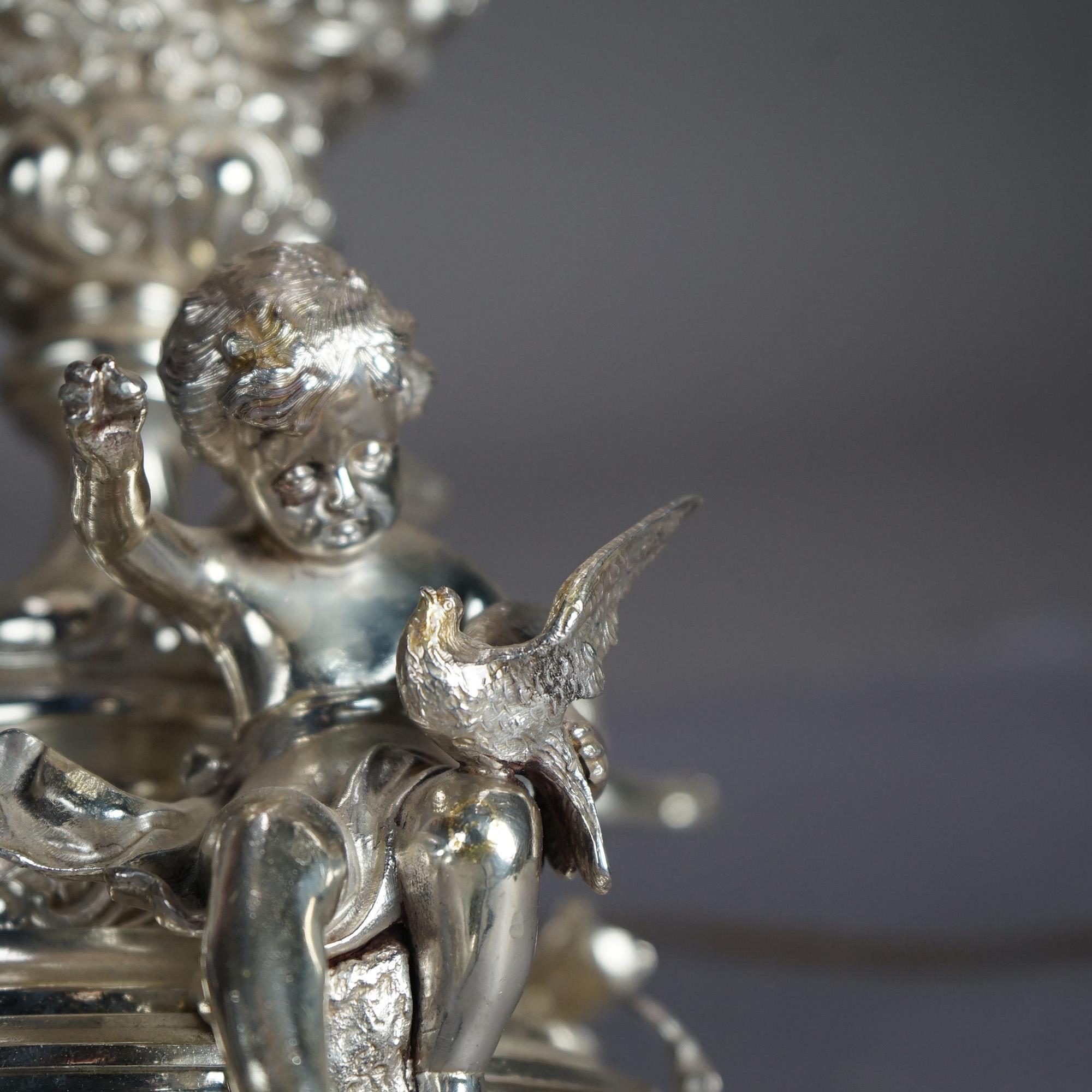 Metal Antique Rococo Figural Silver Plate Parlor Lamp With Winged Cherubs c1890