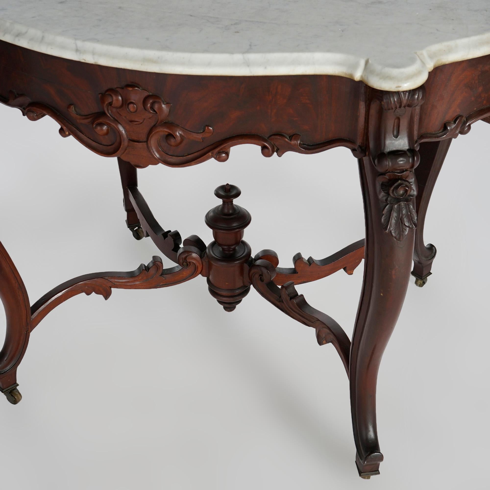 Antique Rococo Flame Mahogany & Marble Turtle Top Parlor Table Circa 1880 For Sale 8