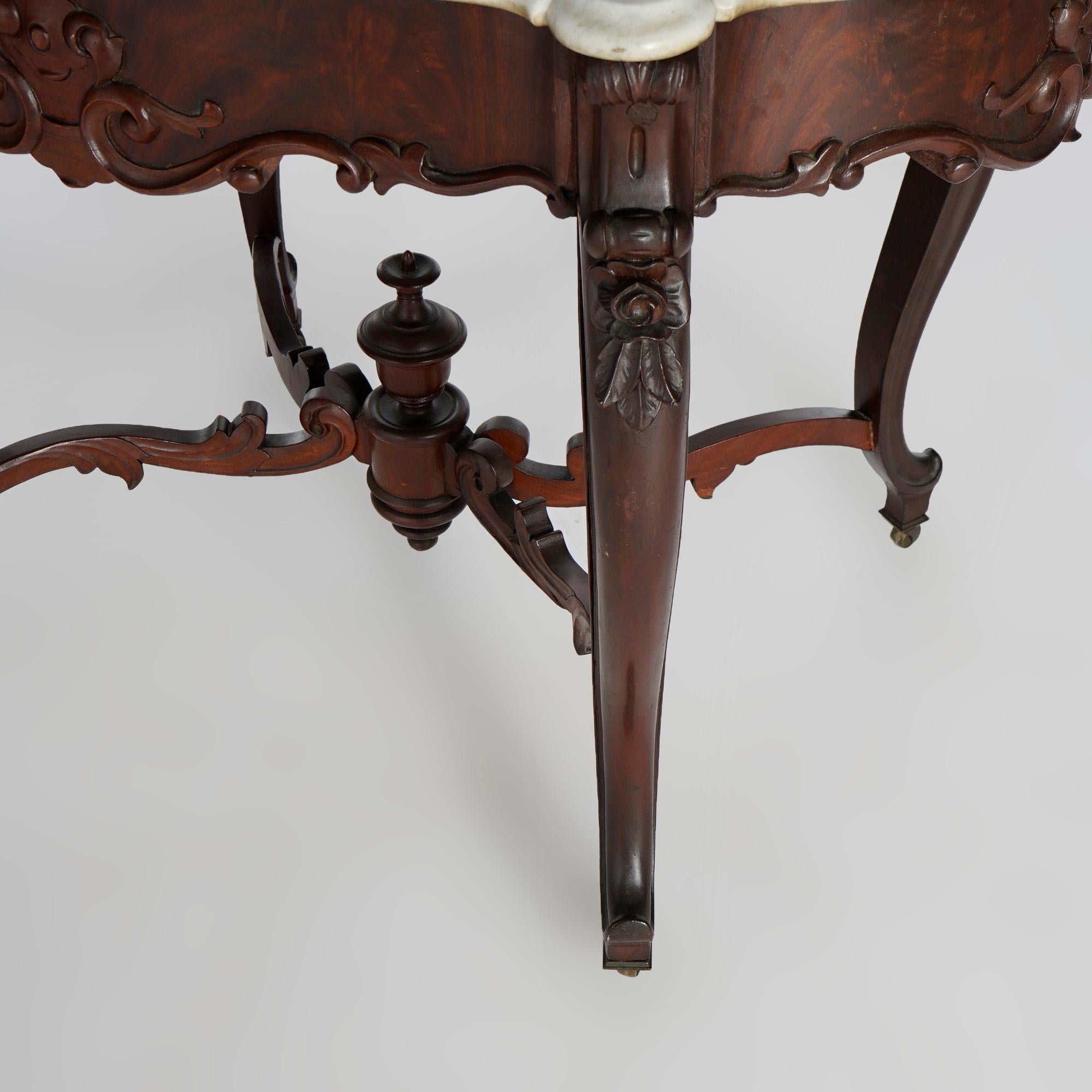 Antique Rococo Flame Mahogany & Marble Turtle Top Parlor Table Circa 1880 For Sale 9
