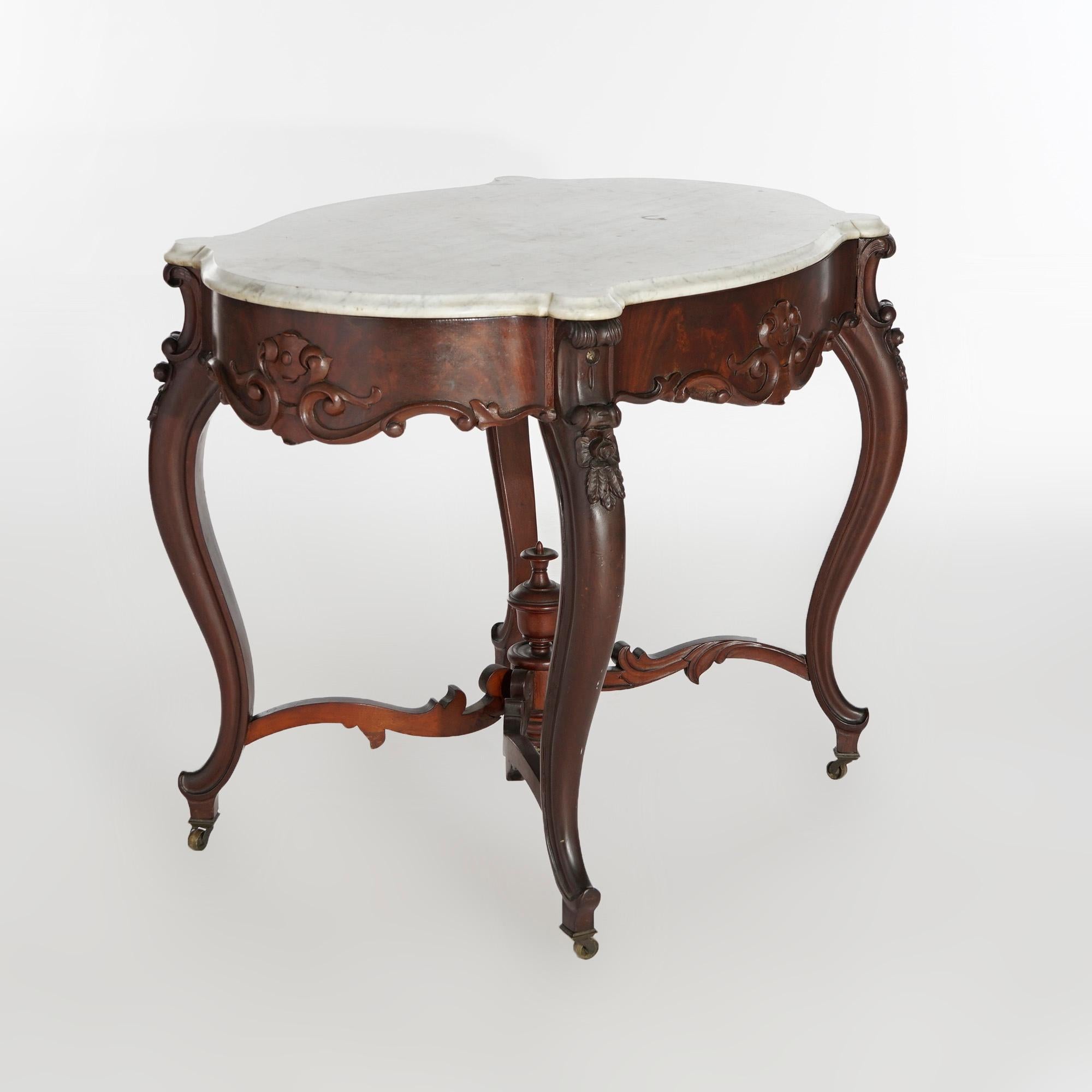 American Antique Rococo Flame Mahogany & Marble Turtle Top Parlor Table Circa 1880 For Sale