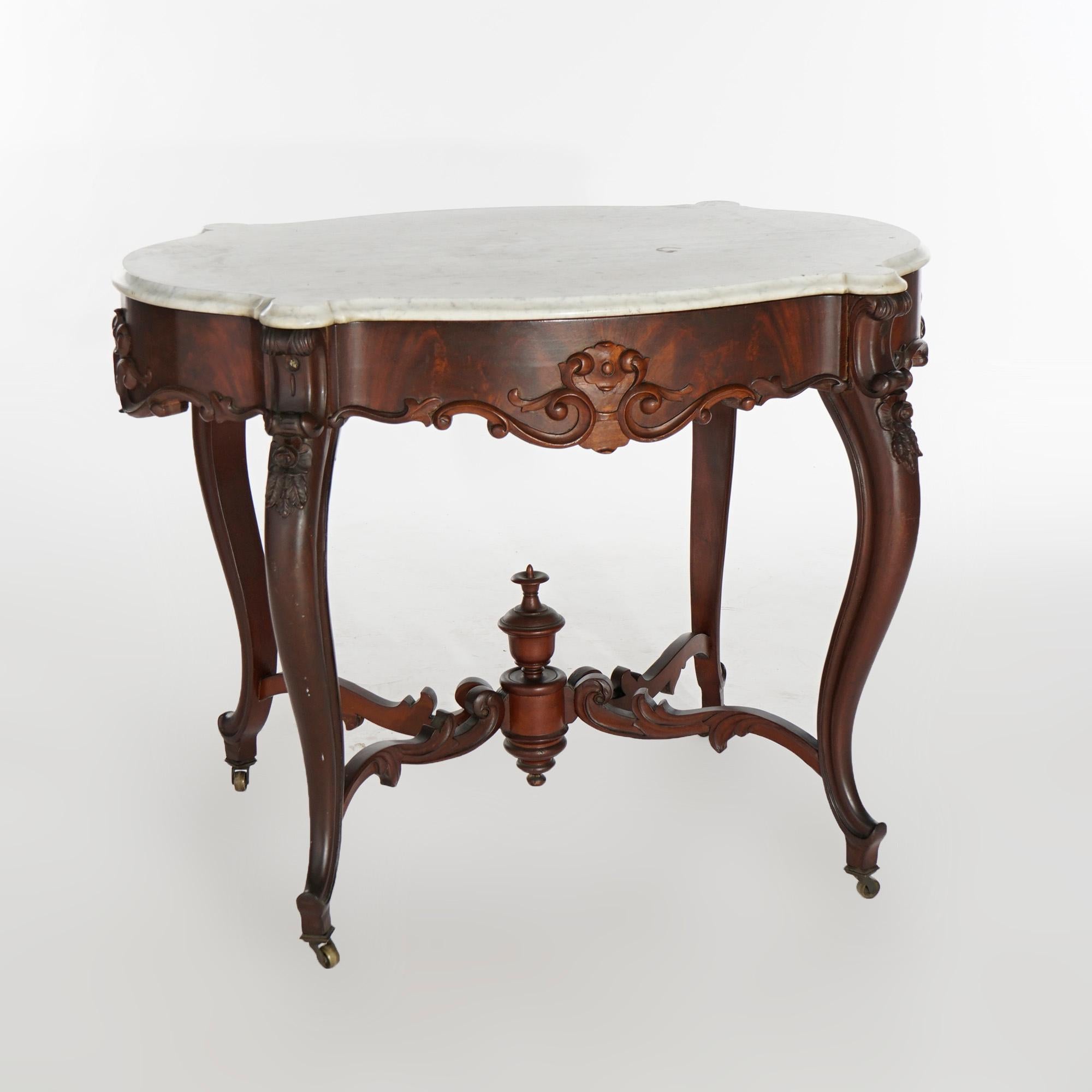 Antique Rococo Flame Mahogany & Marble Turtle Top Parlor Table Circa 1880 In Good Condition For Sale In Big Flats, NY