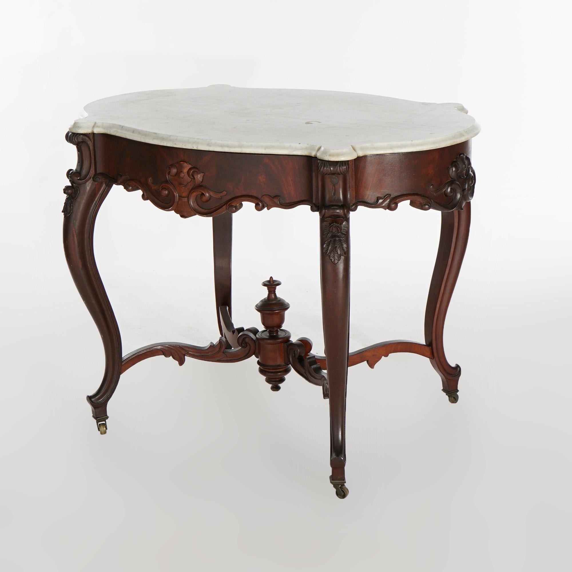 19th Century Antique Rococo Flame Mahogany & Marble Turtle Top Parlor Table Circa 1880 For Sale