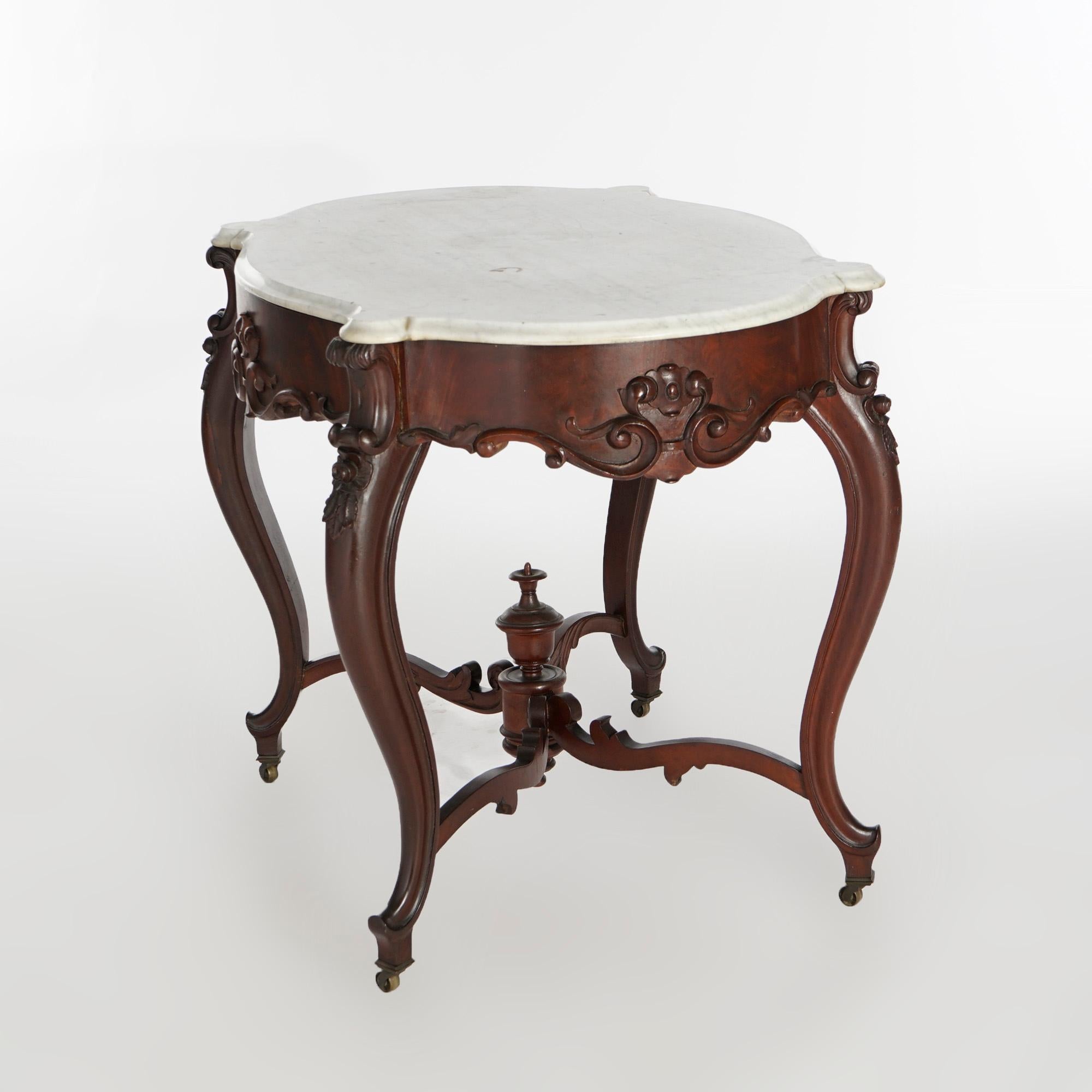 Antique Rococo Flame Mahogany & Marble Turtle Top Parlor Table Circa 1880 For Sale 1