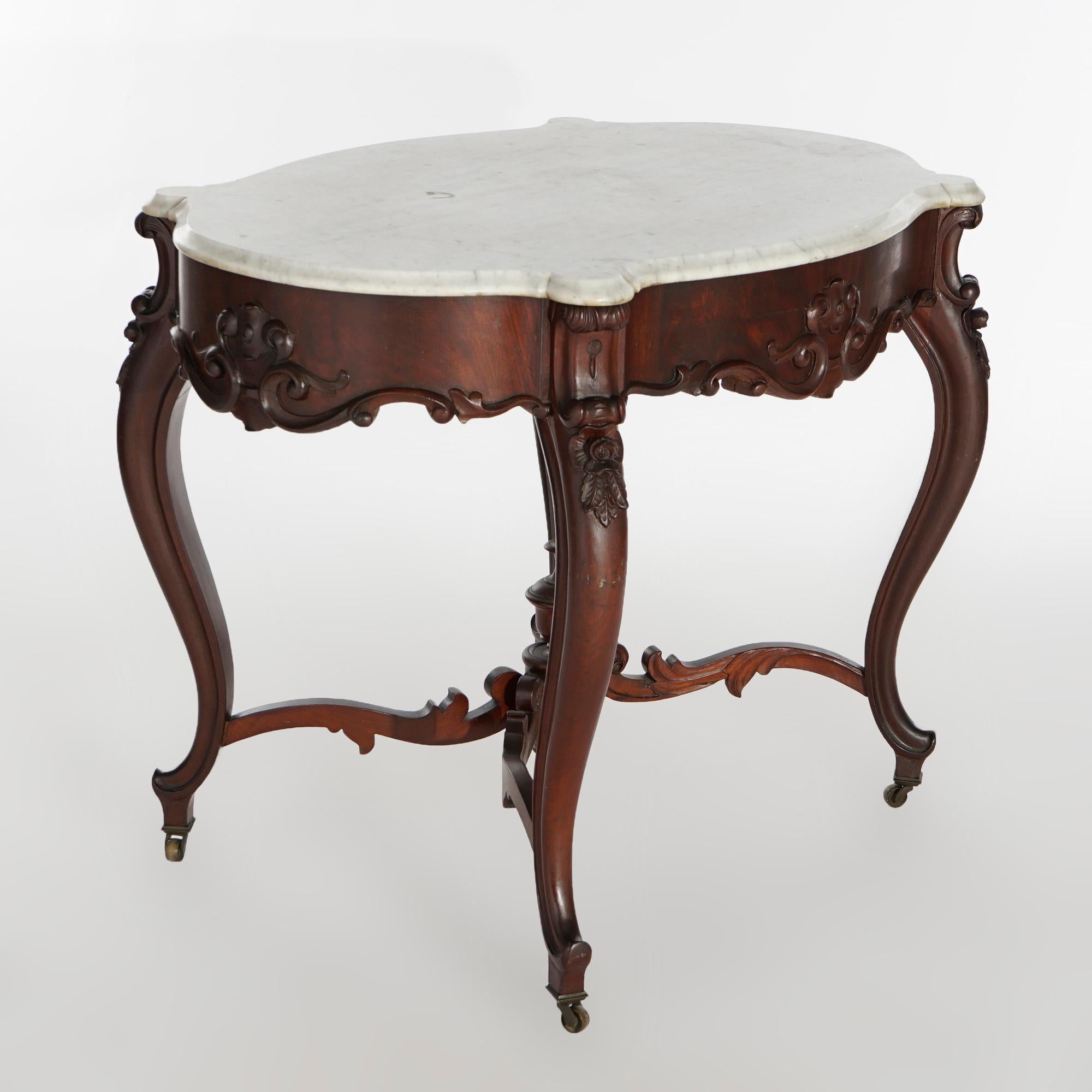 Antique Rococo Flame Mahogany & Marble Turtle Top Parlor Table Circa 1880 For Sale 2