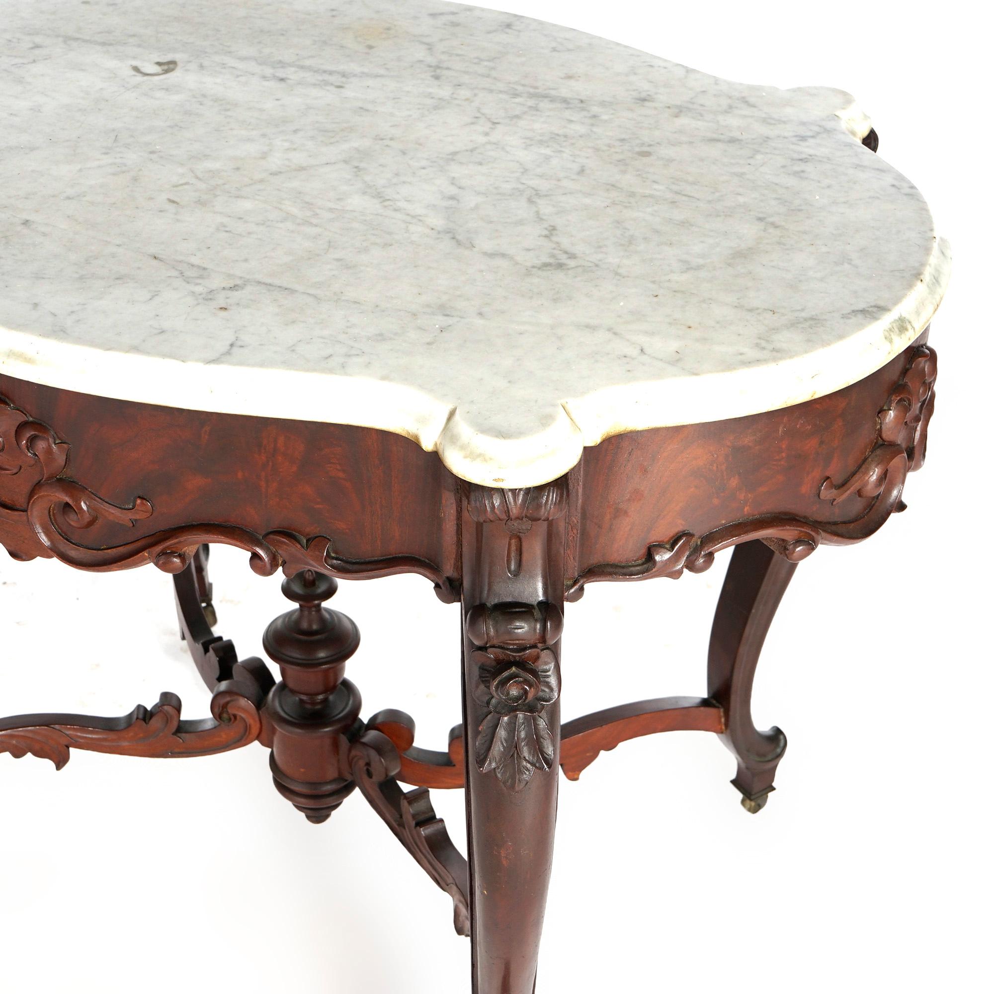 Antique Rococo Flame Mahogany & Marble Turtle Top Parlor Table Circa 1880 For Sale 3