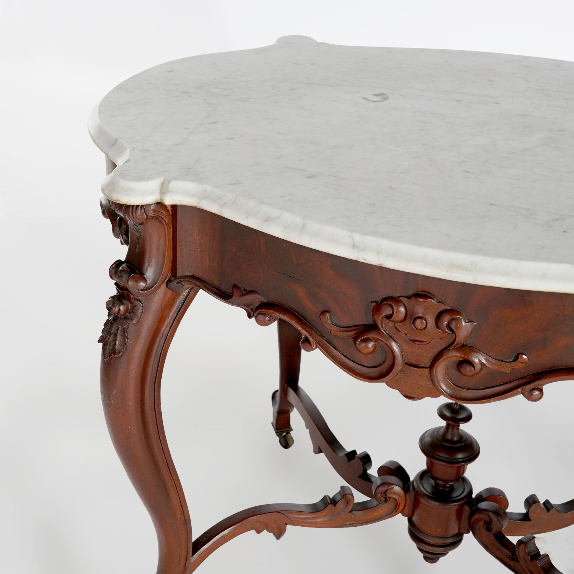 Antique Rococo Flame Mahogany & Marble Turtle Top Parlor Table Circa 1880 For Sale 4