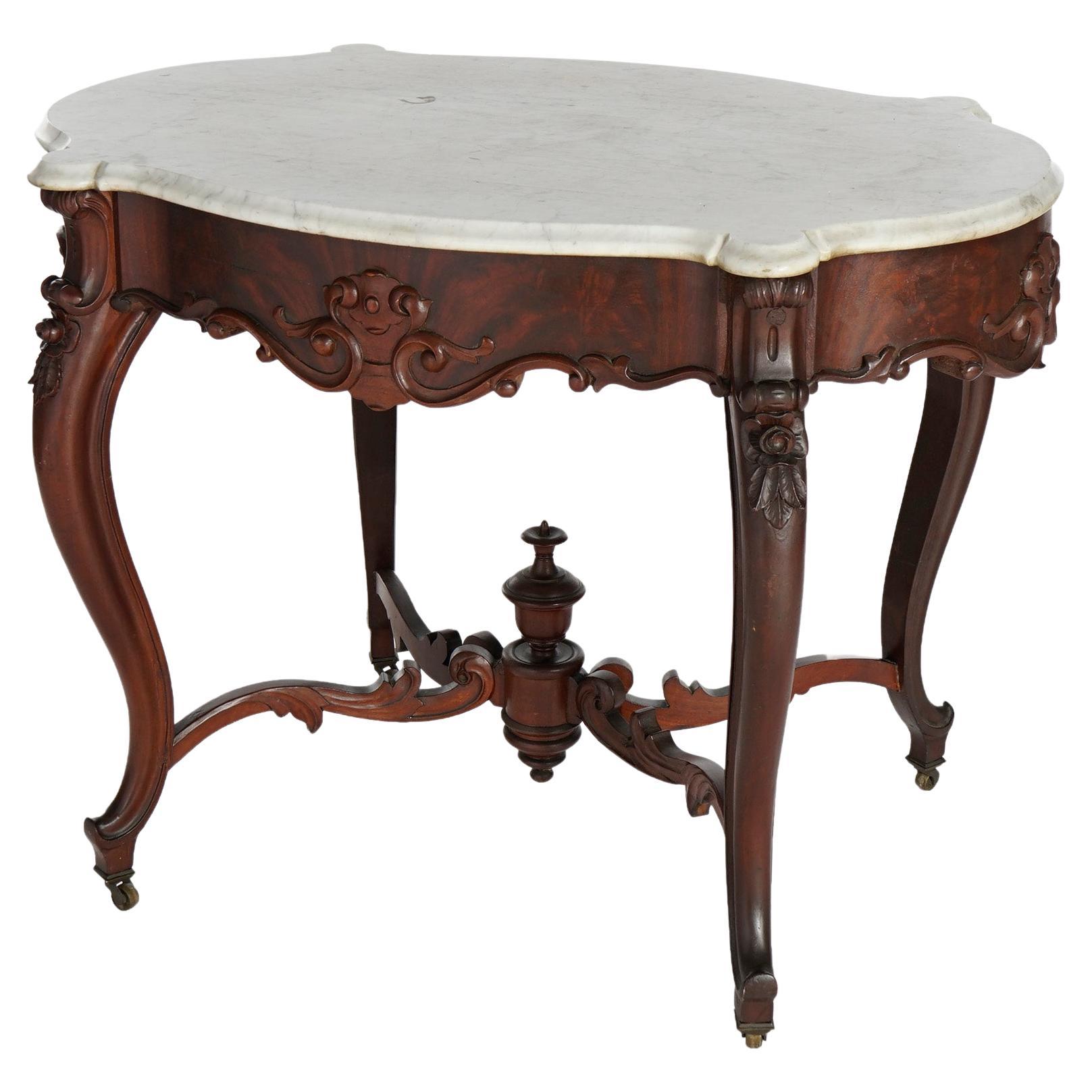 Antique Rococo Flame Mahogany & Marble Turtle Top Parlor Table Circa 1880 For Sale