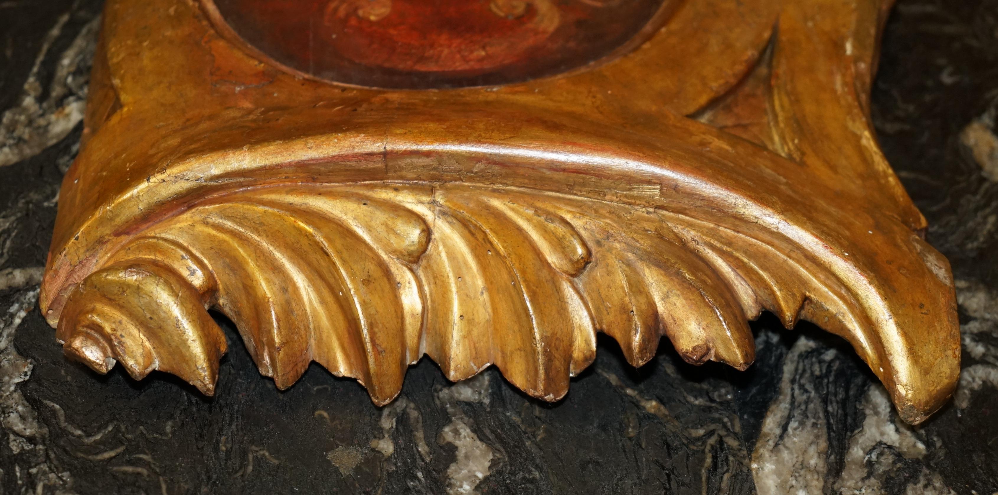 ANTIQUE ROCOCO FLORENTINE ACANTHUS LEAF PANEL WiTH HAND PAINTED ARMORIAL CREST For Sale 2