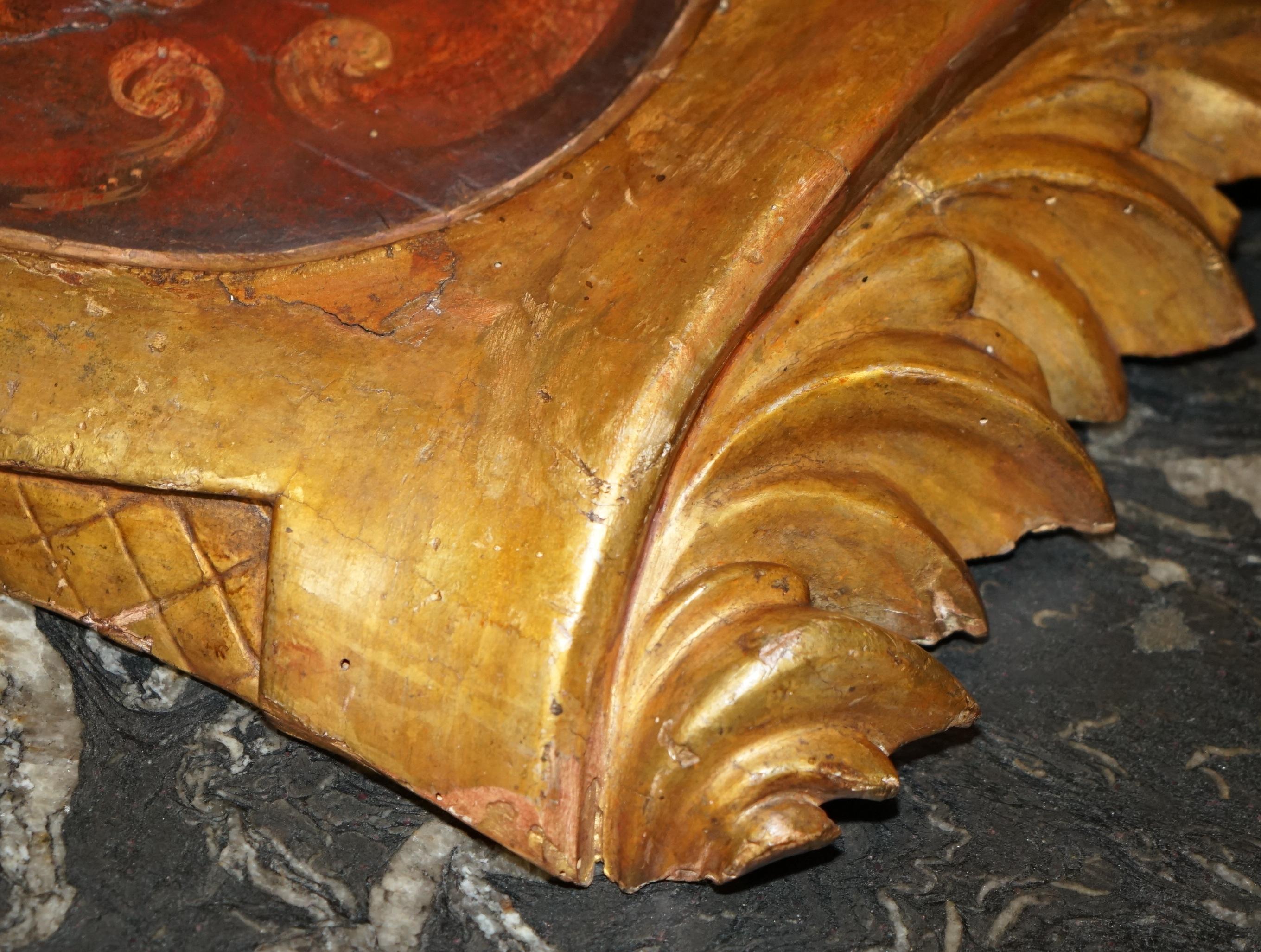 ANTIQUE ROCOCO FLORENTINE ACANTHUS LEAF PANEL WiTH HAND PAINTED ARMORIAL CREST For Sale 3