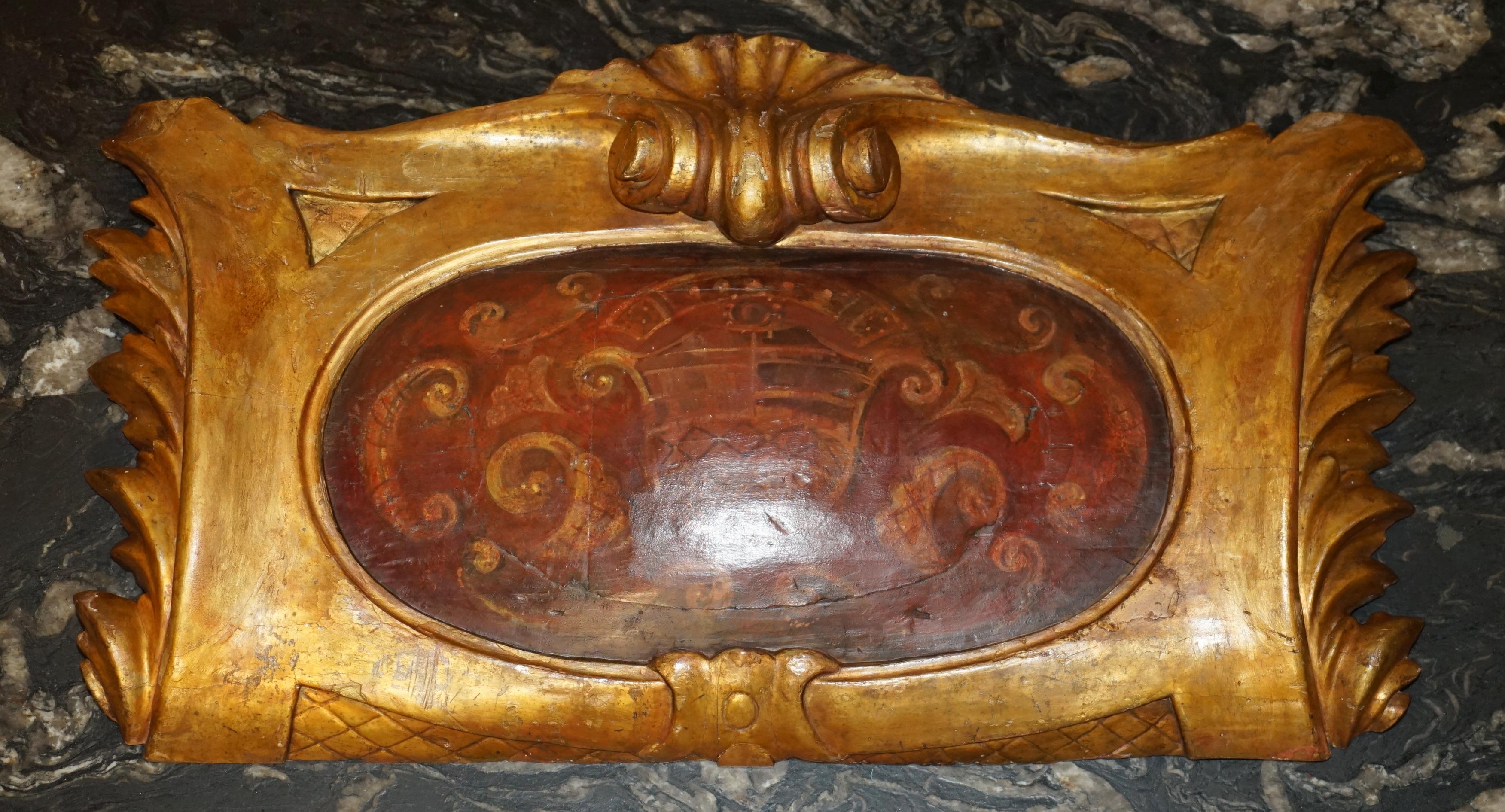 Rococo ANTIQUE ROCOCO FLORENTINE ACANTHUS LEAF PANEL WiTH HAND PAINTED ARMORIAL CREST For Sale