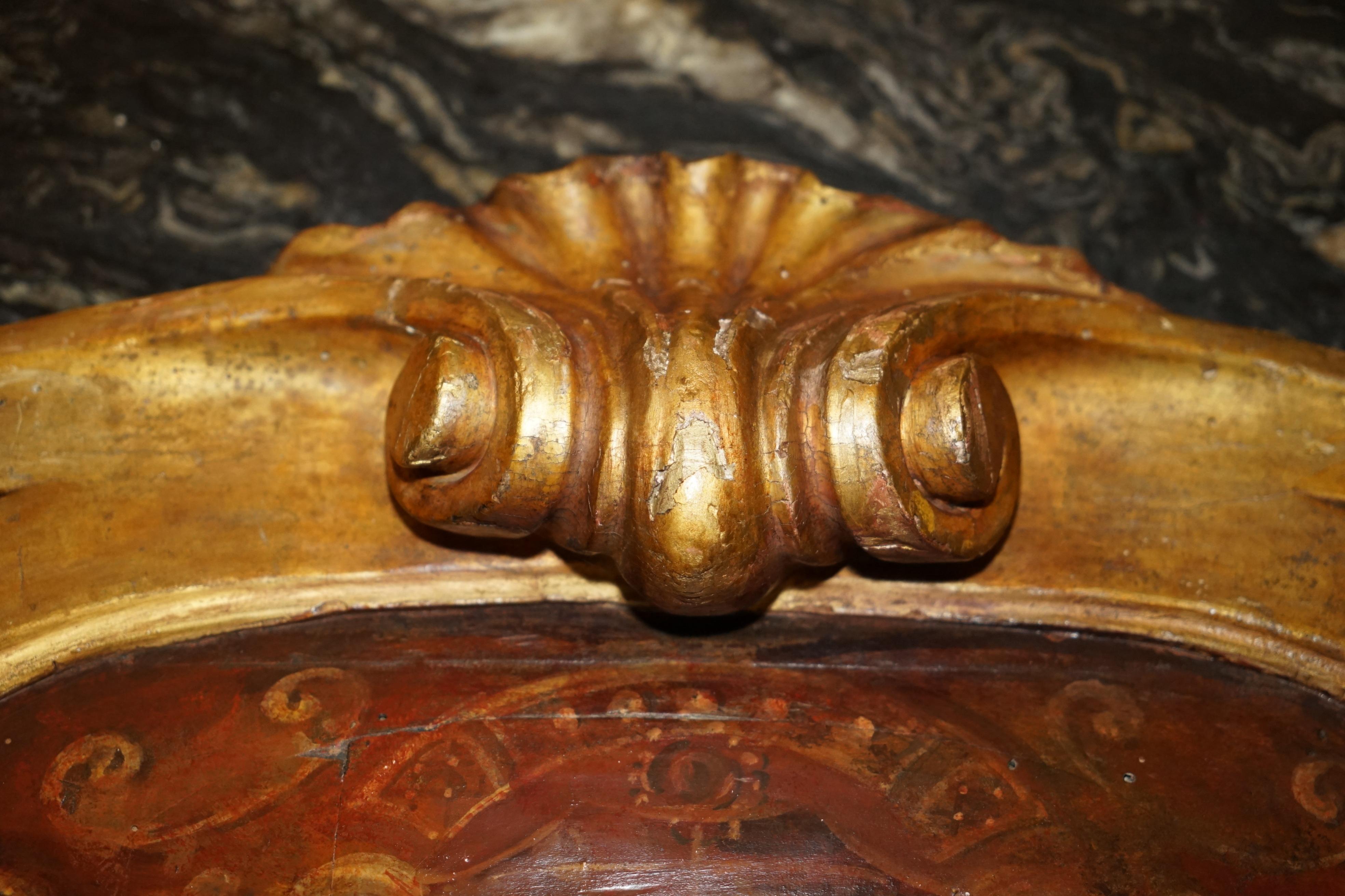 Oak ANTIQUE ROCOCO FLORENTINE ACANTHUS LEAF PANEL WiTH HAND PAINTED ARMORIAL CREST For Sale