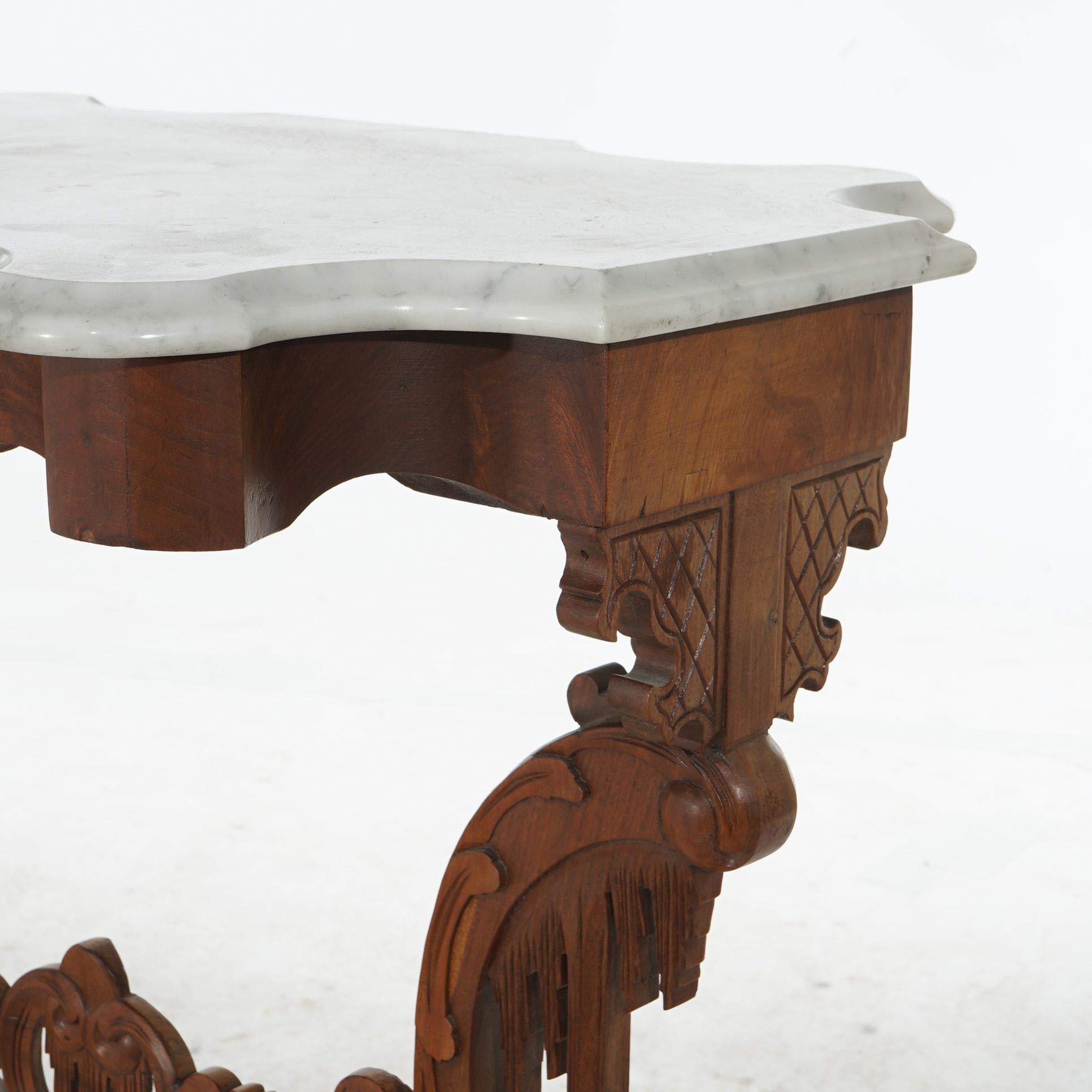 Antiker Rokoko-Gothic-Parlor-Tisch aus geschnitztem Nussbaumholz mit Marmorplatte, um 1880 im Angebot 5