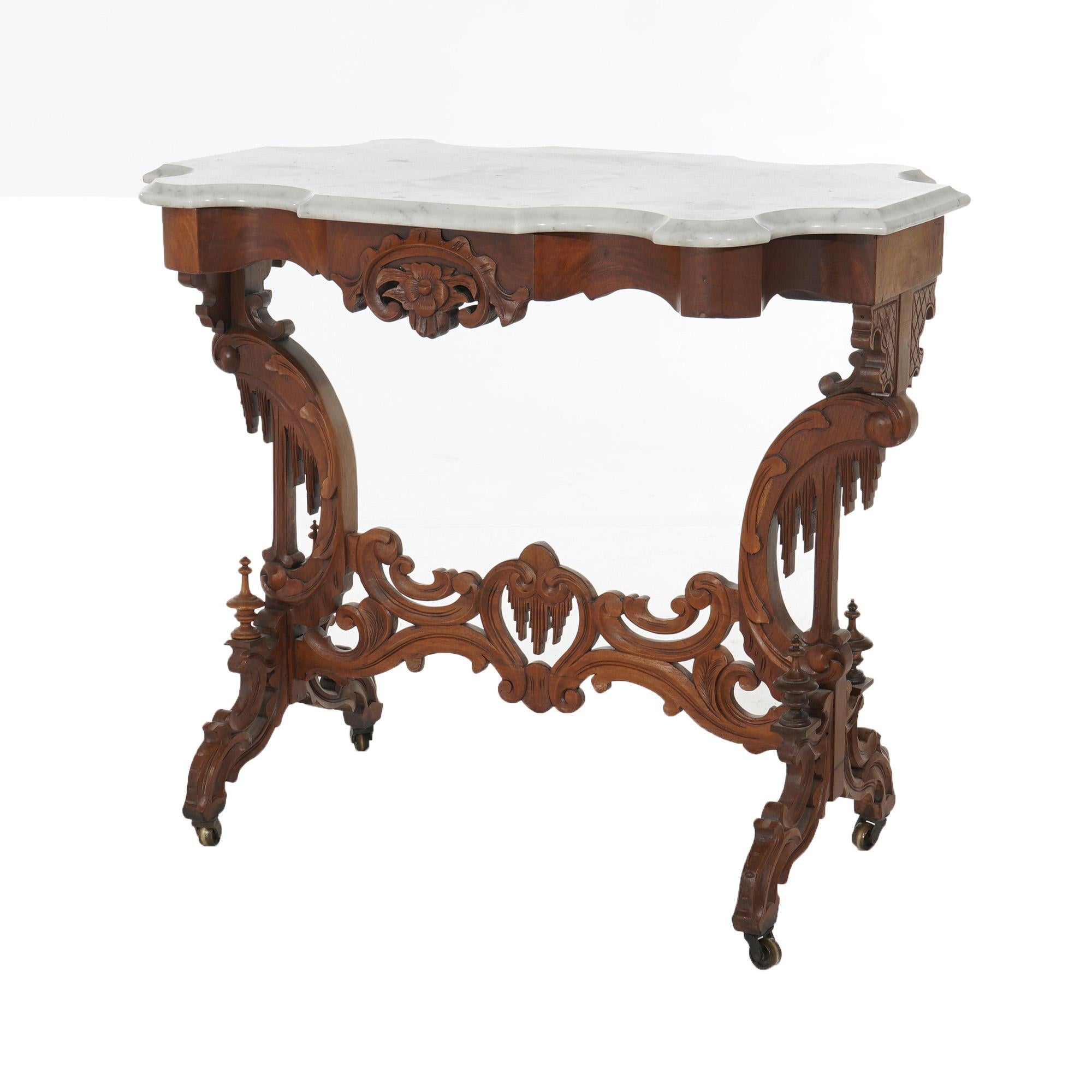 19th Century Antique Rococo-Gothic Carved Walnut Marble Top Parlor Table Circa 1880 For Sale