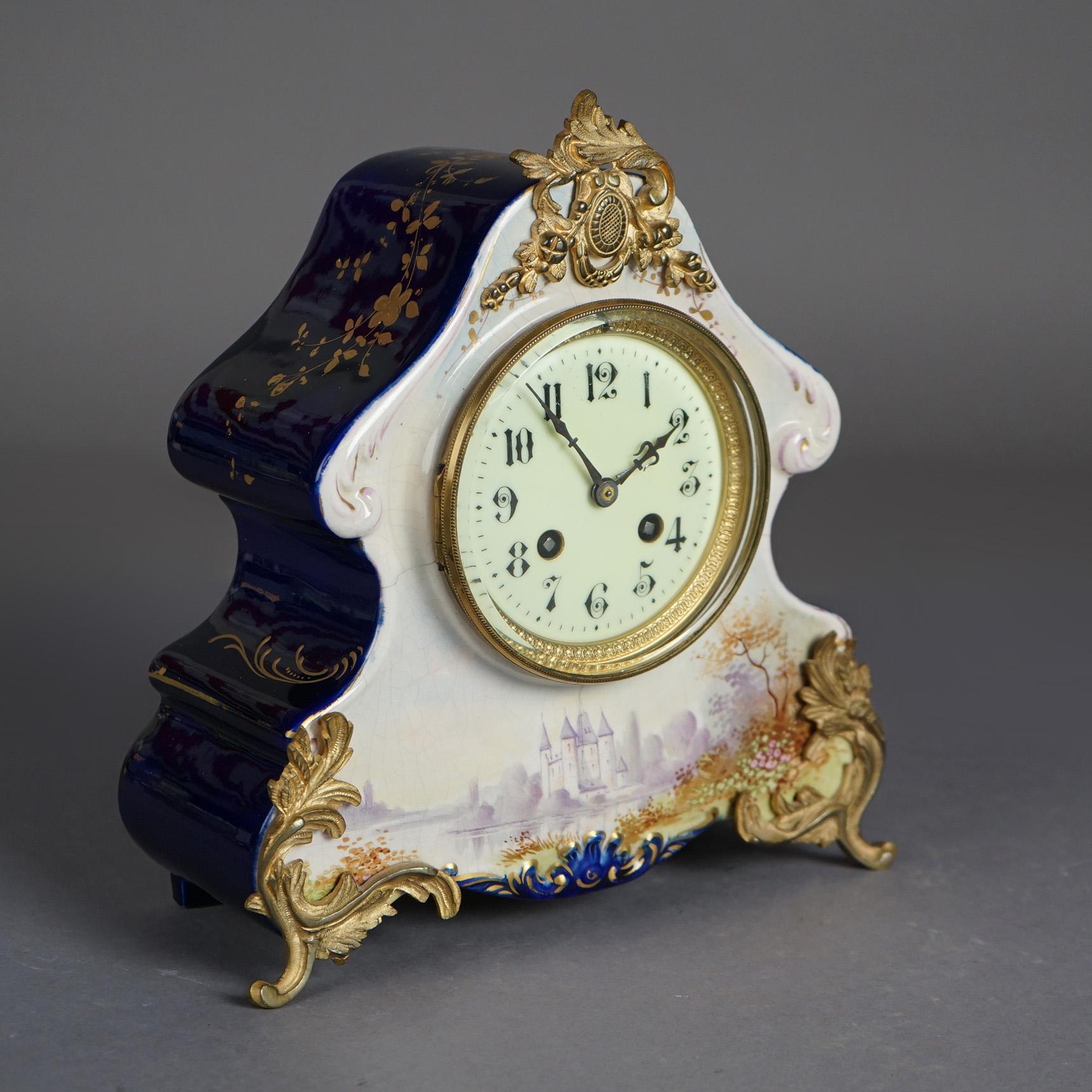 Antique Rococo Hand Painted & Gilt  Castle Scene Porcelain Mantle Clock, 19th C 5