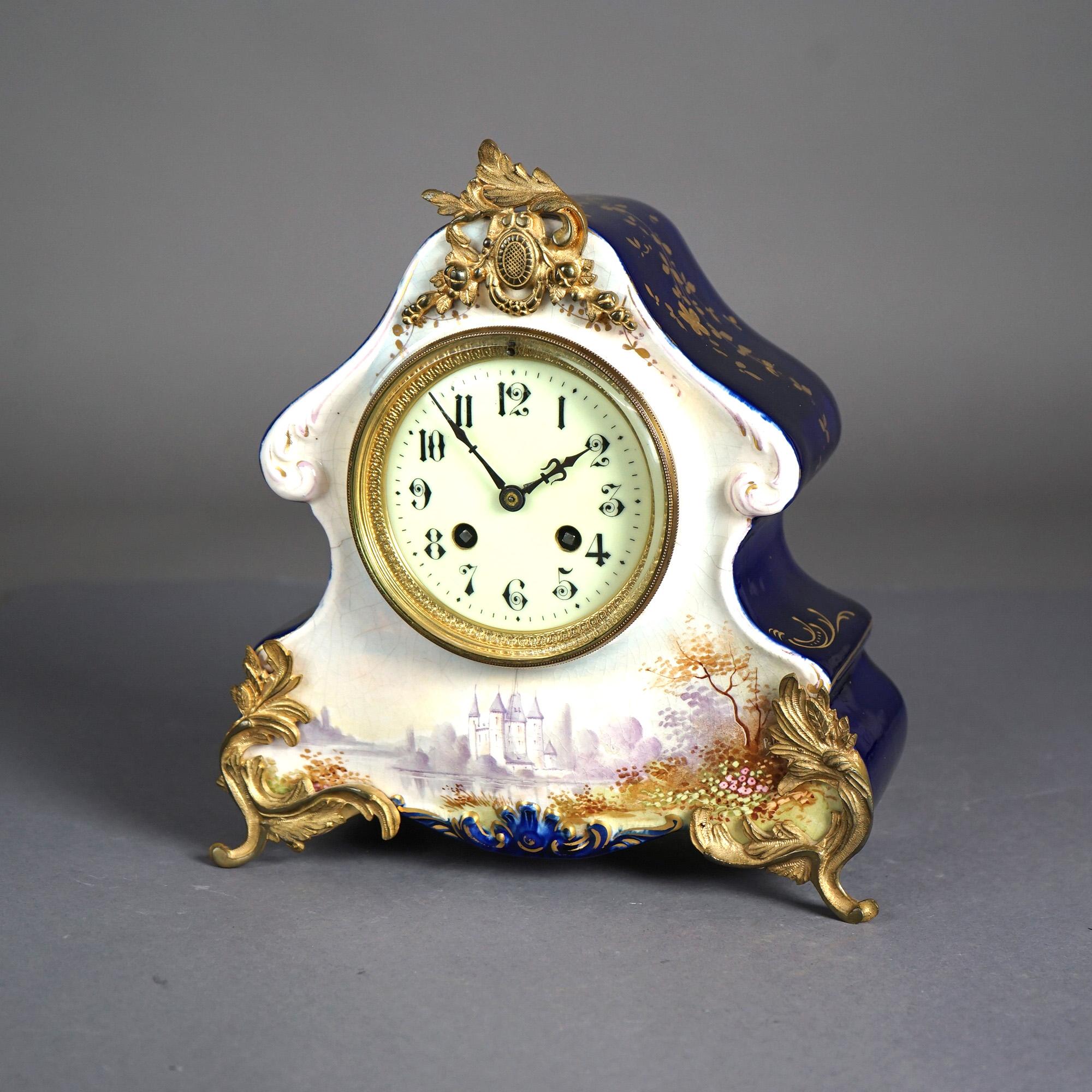 Rococo Revival Antique Rococo Hand Painted & Gilt  Castle Scene Porcelain Mantle Clock, 19th C