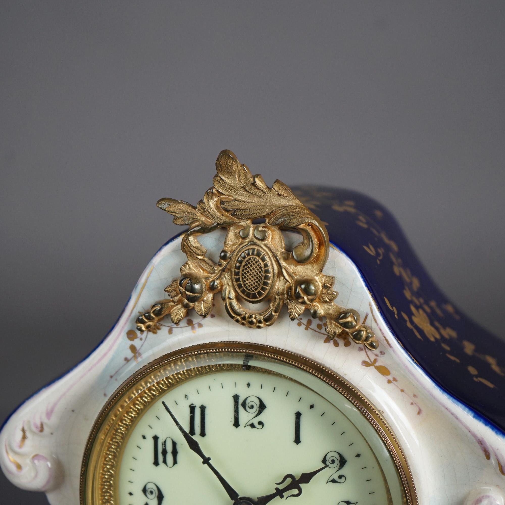 French Antique Rococo Hand Painted & Gilt  Castle Scene Porcelain Mantle Clock, 19th C