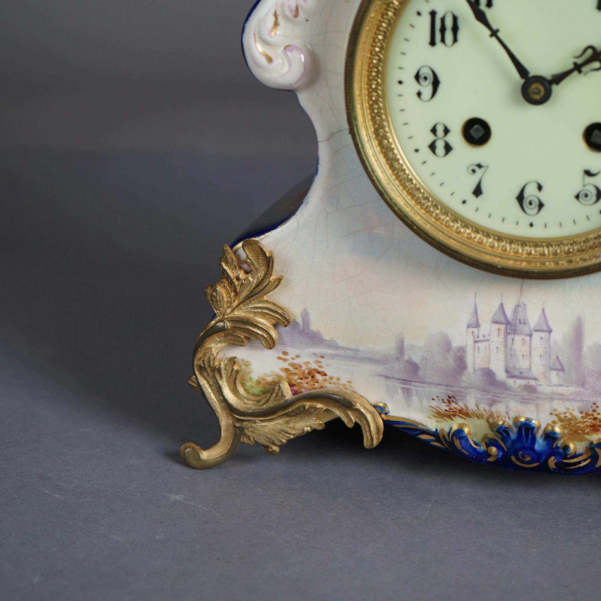 Antique Rococo Hand Painted & Gilt  Castle Scene Porcelain Mantle Clock, 19th C In Good Condition In Big Flats, NY