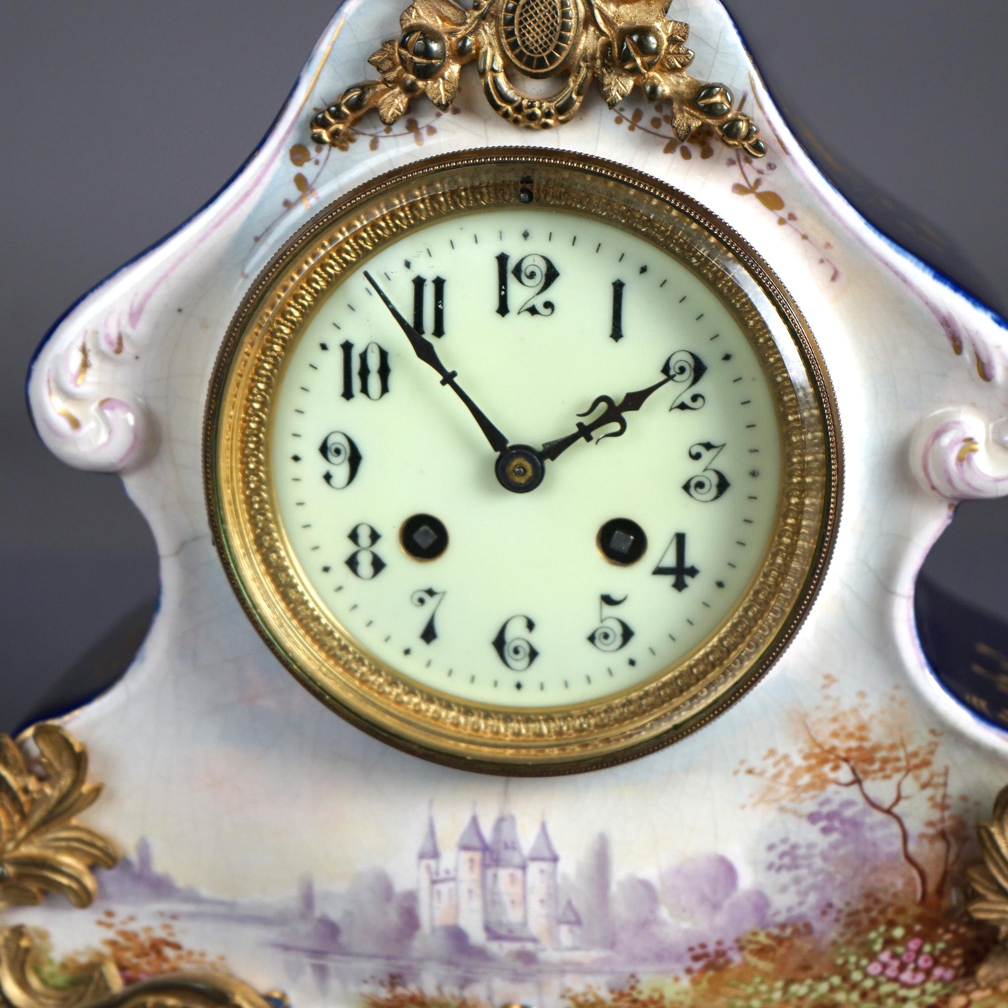19th Century Antique Rococo Hand Painted & Gilt  Castle Scene Porcelain Mantle Clock, 19th C