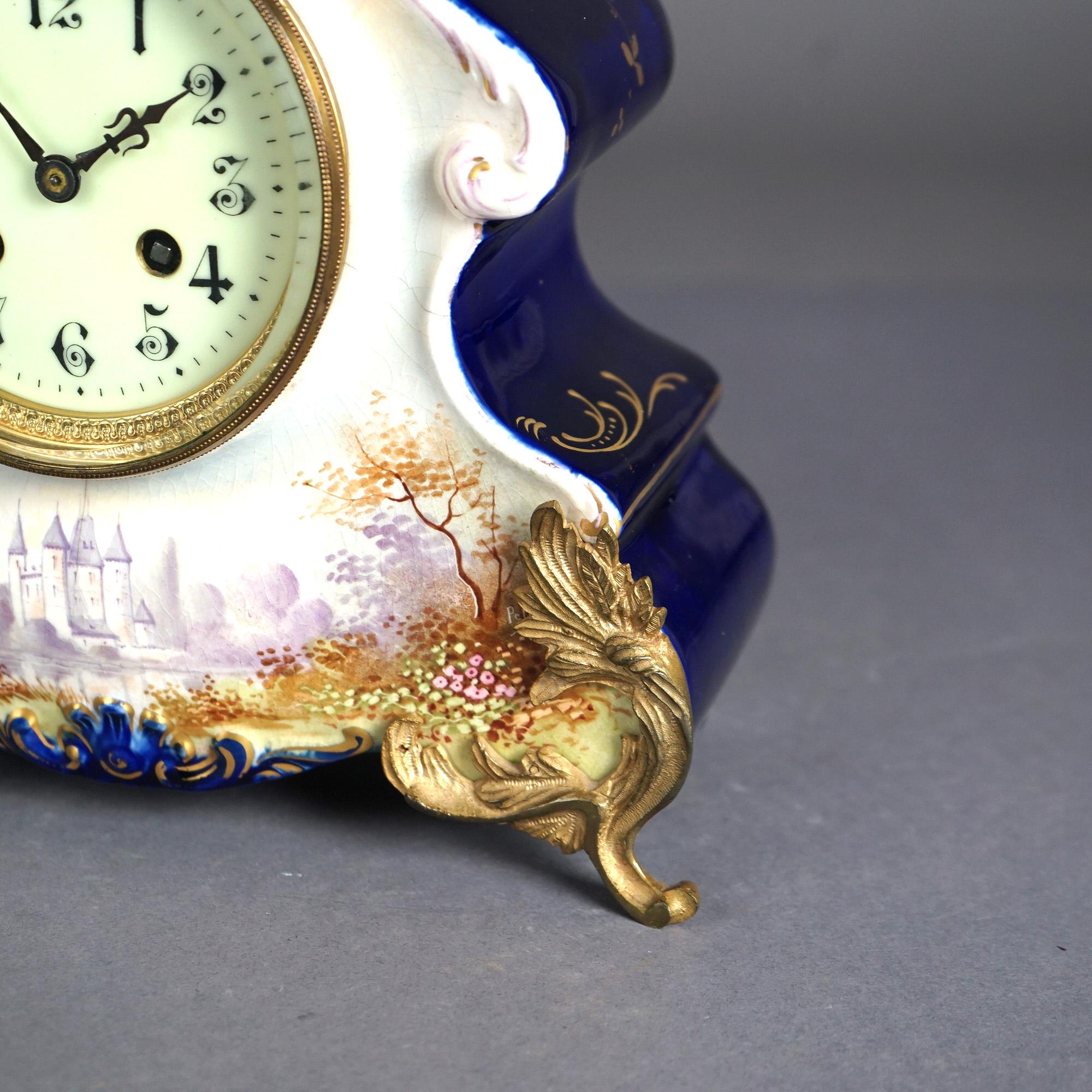 Antique Rococo Hand Painted & Gilt  Castle Scene Porcelain Mantle Clock, 19th C 1