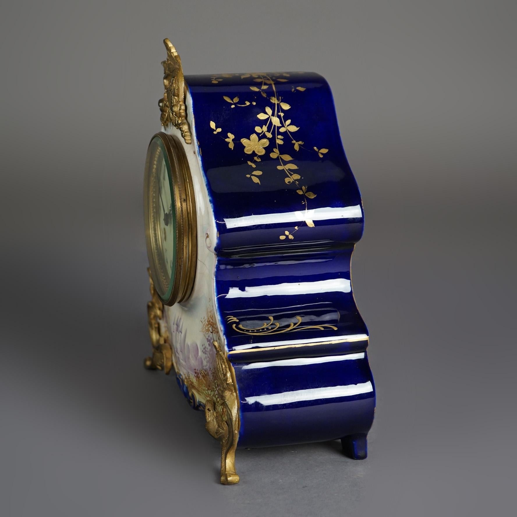 Antique Rococo Hand Painted & Gilt  Castle Scene Porcelain Mantle Clock, 19th C 2
