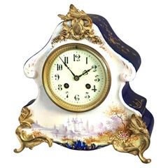 Antique Rococo Hand Painted & Gilt  Castle Scene Porcelain Mantle Clock, 19th C