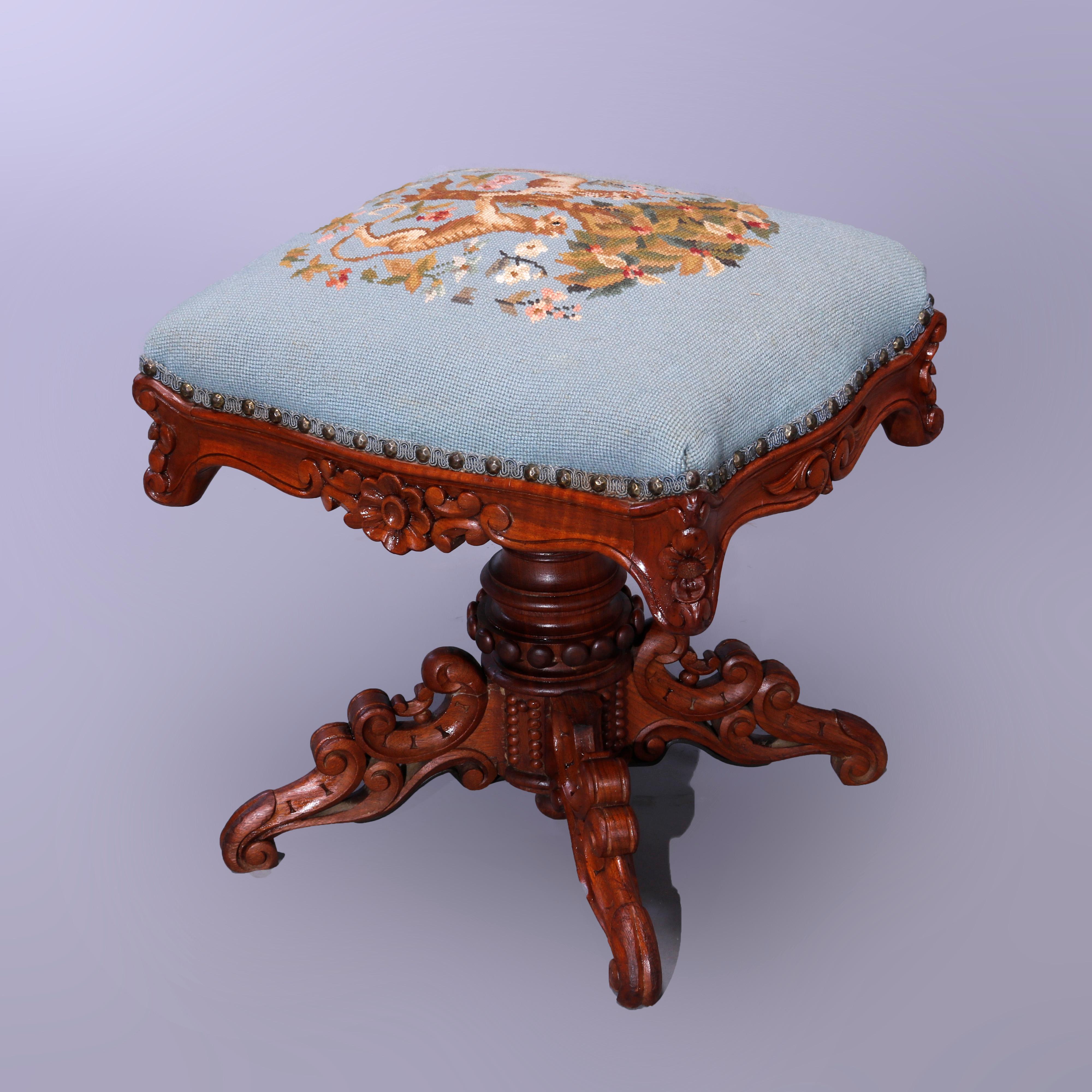 An antique Rococo stool offers needlepoint upholstered seat having unicorn and tiger beneath fruit tree on floral and foliate caved revolving frame raised on base having gadrooned scroll form legs, c1880

Measures - 18.5'' H x 17.5'' W x 15''