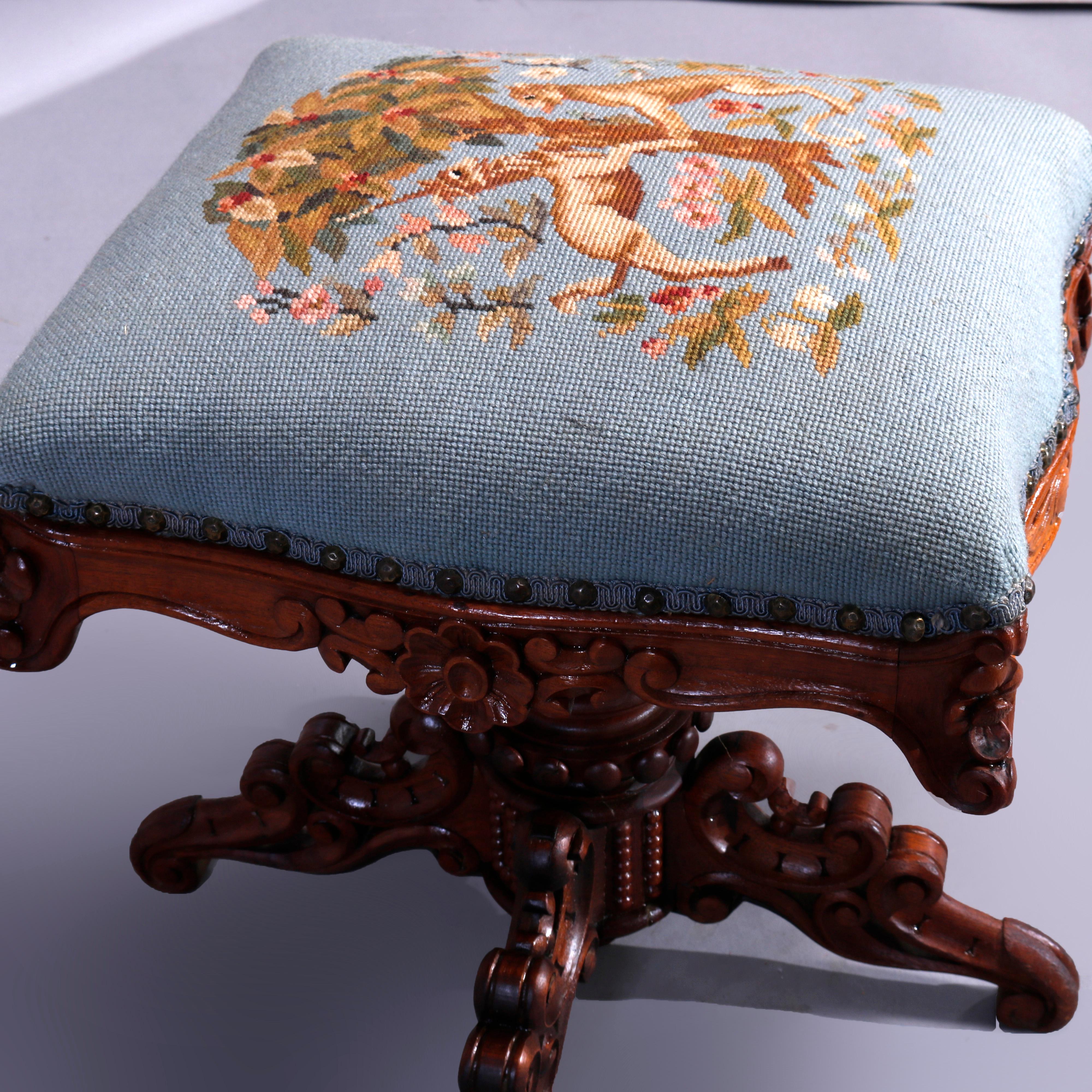 Carved Antique Rococo Needlepoint & Walnut Revolving Stool, Unicorn & Tiger, c1880 For Sale
