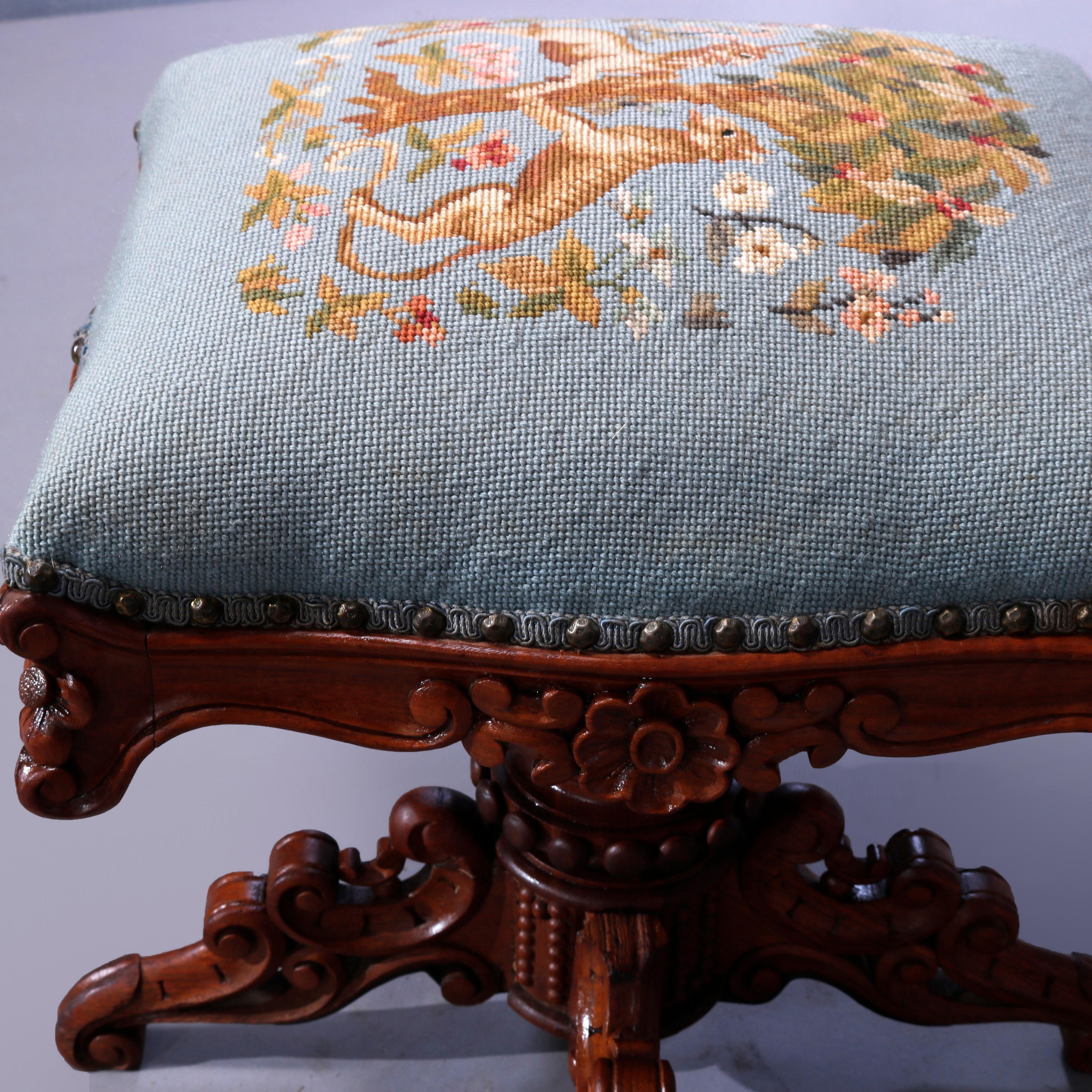Antique Rococo Needlepoint & Walnut Revolving Stool, Unicorn & Tiger, c1880 In Good Condition For Sale In Big Flats, NY