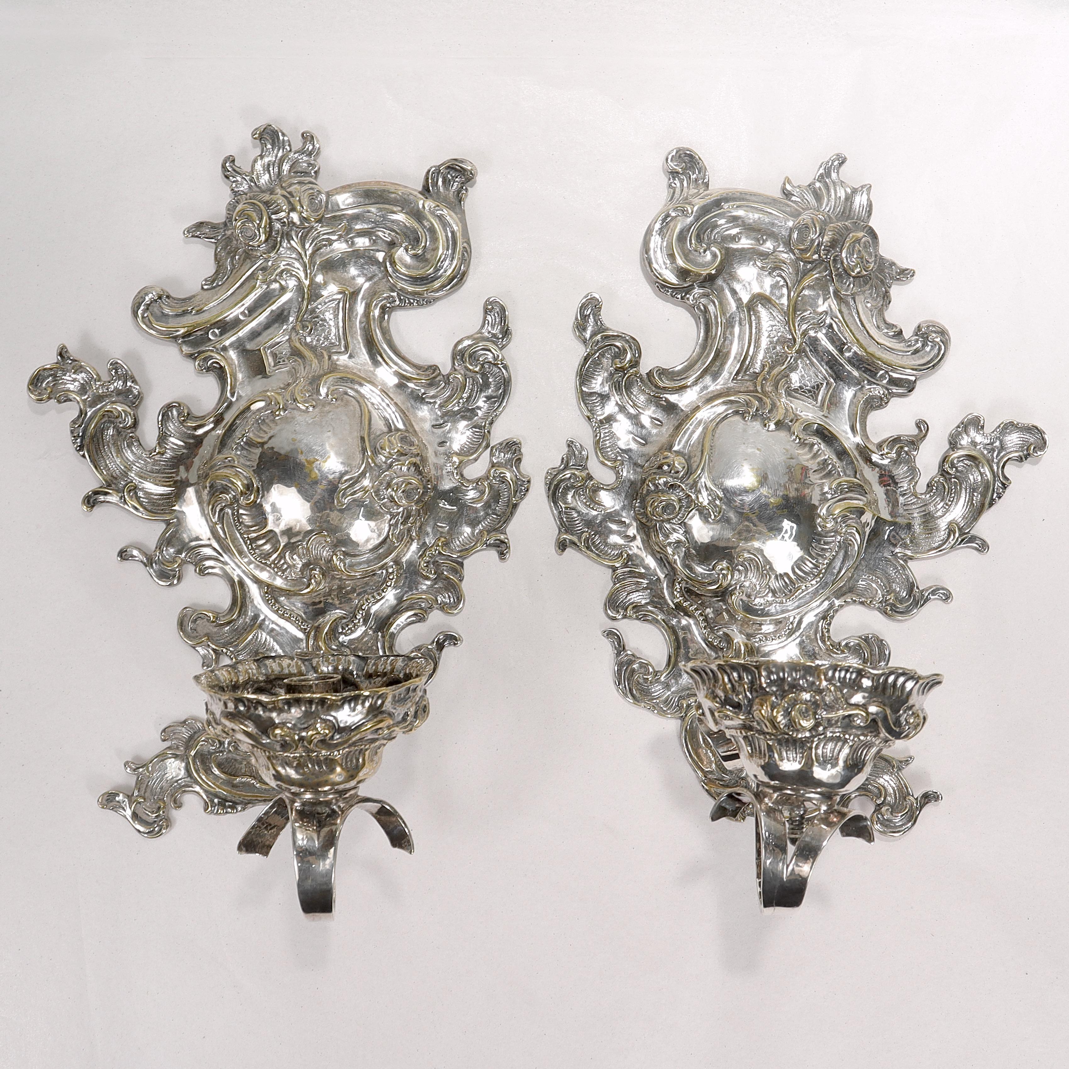 19th Century Antique Rococo or Rococo Revival Silver Plated Wall Sconces For Sale